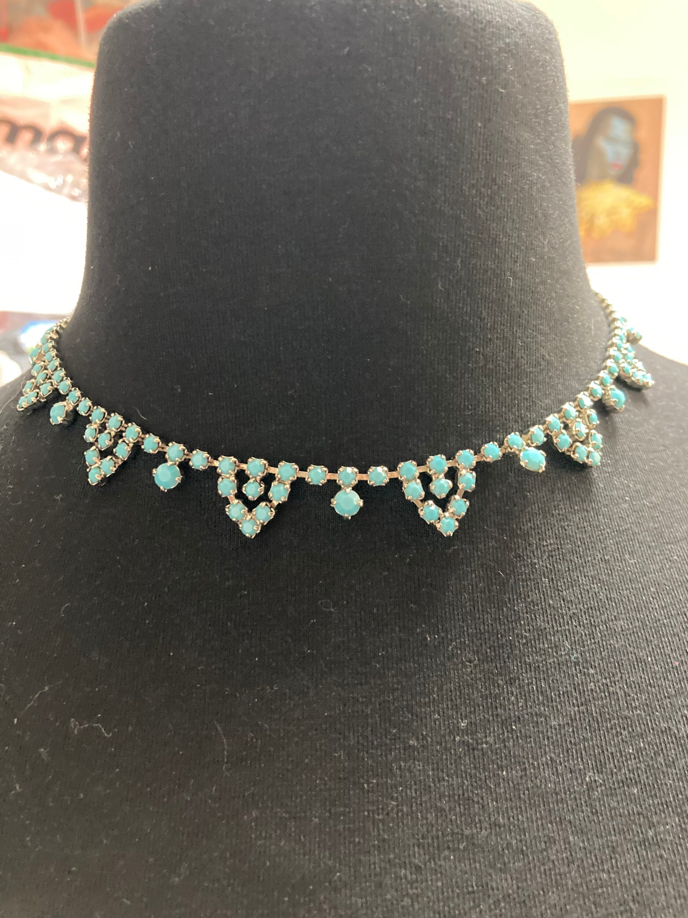choker necklace with turquoise paste stones 1960s silver tone