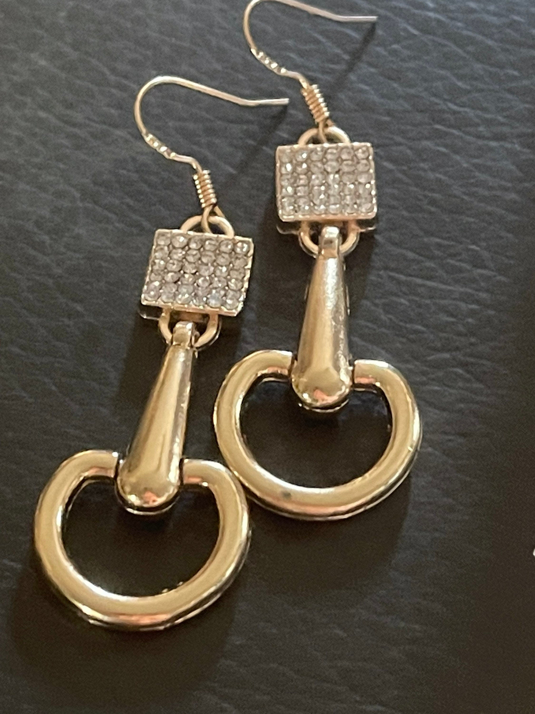 Handmade stirrup horse bit dangly diamanté snaffle earrings gold tone equestrian