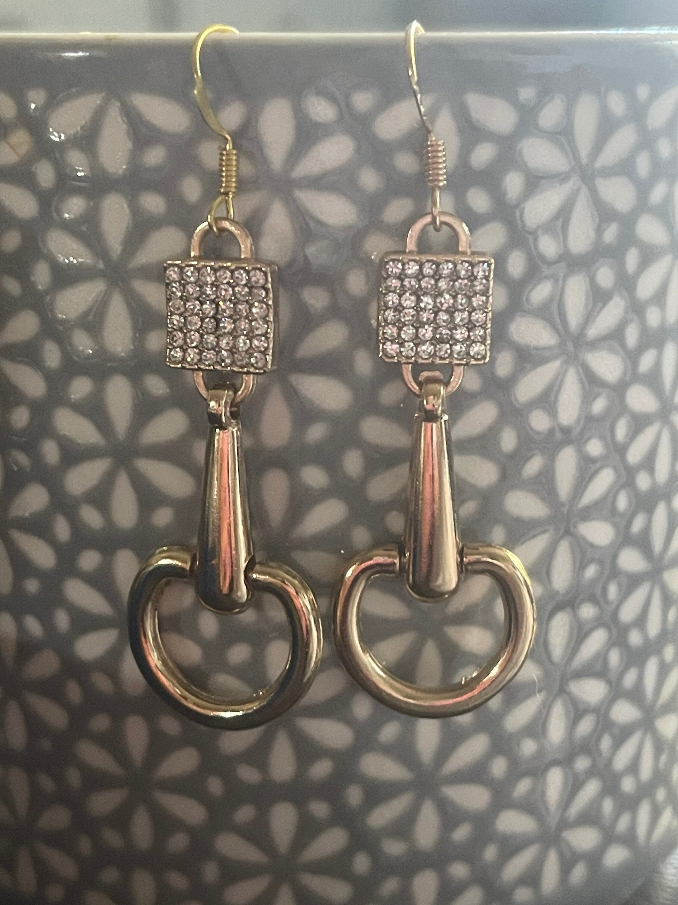 Handmade stirrup horse bit dangly diamanté snaffle earrings gold tone equestrian