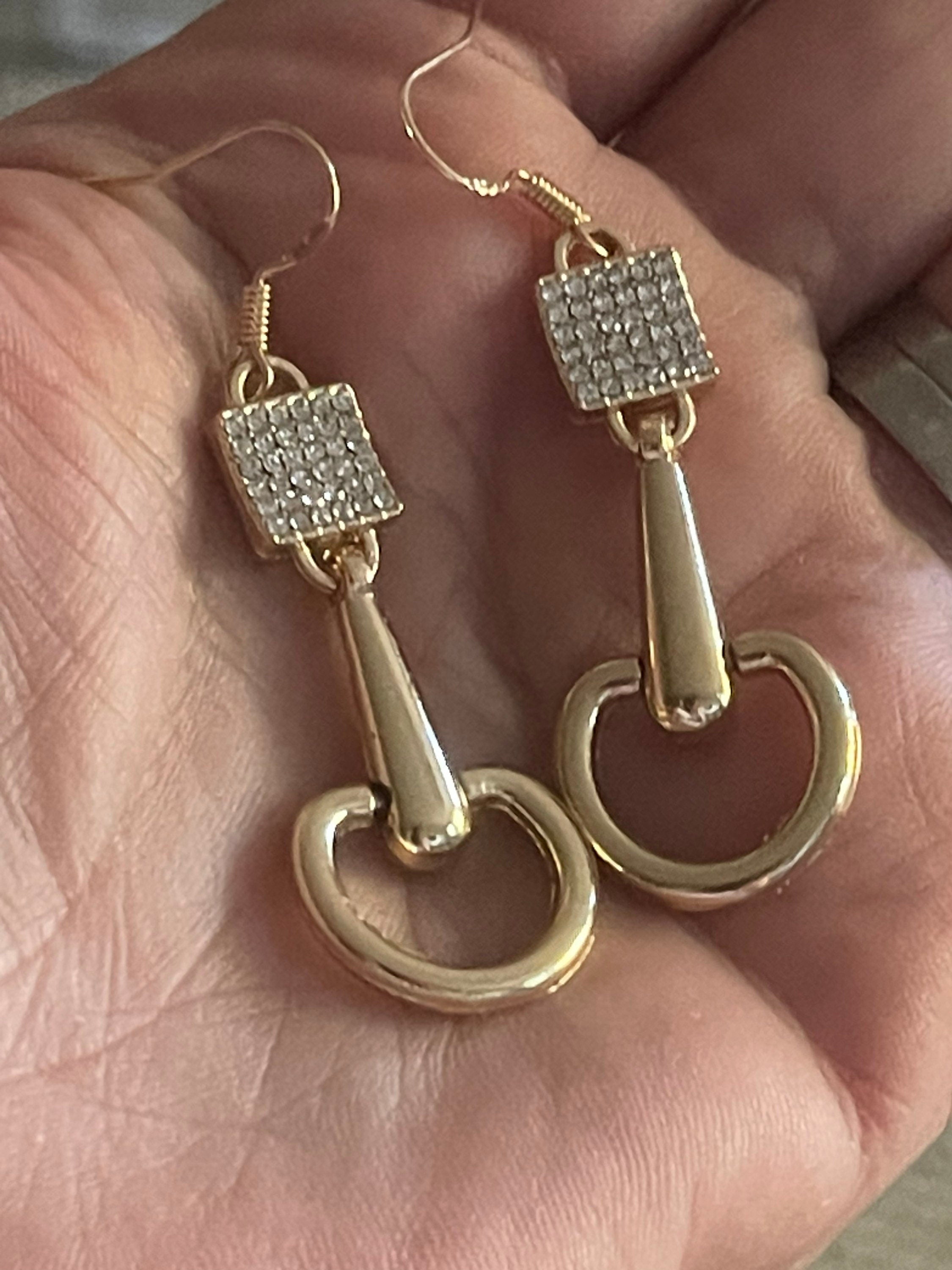 Handmade stirrup horse bit dangly diamanté snaffle earrings gold tone equestrian