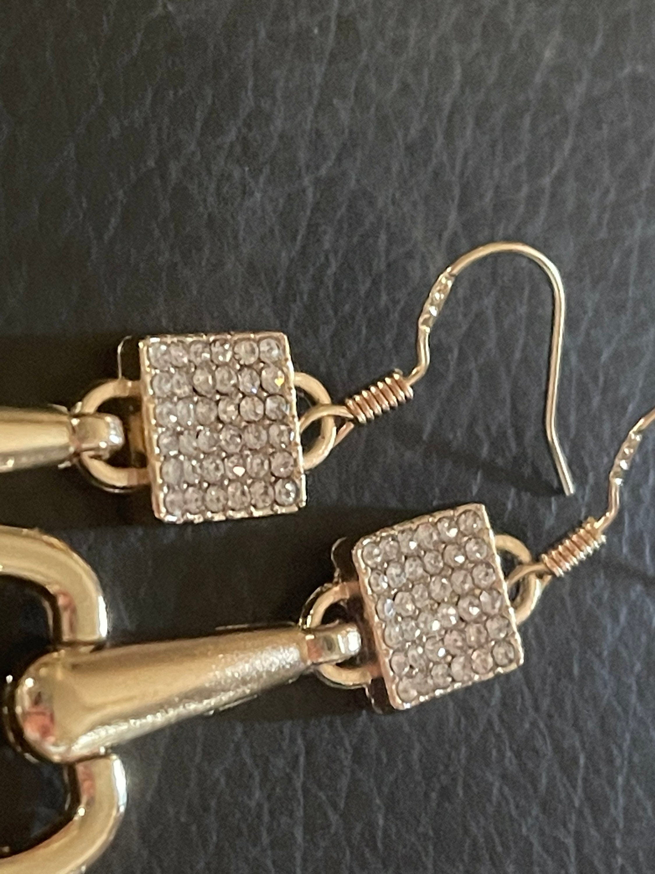 Handmade stirrup horse bit dangly diamanté snaffle earrings gold tone equestrian
