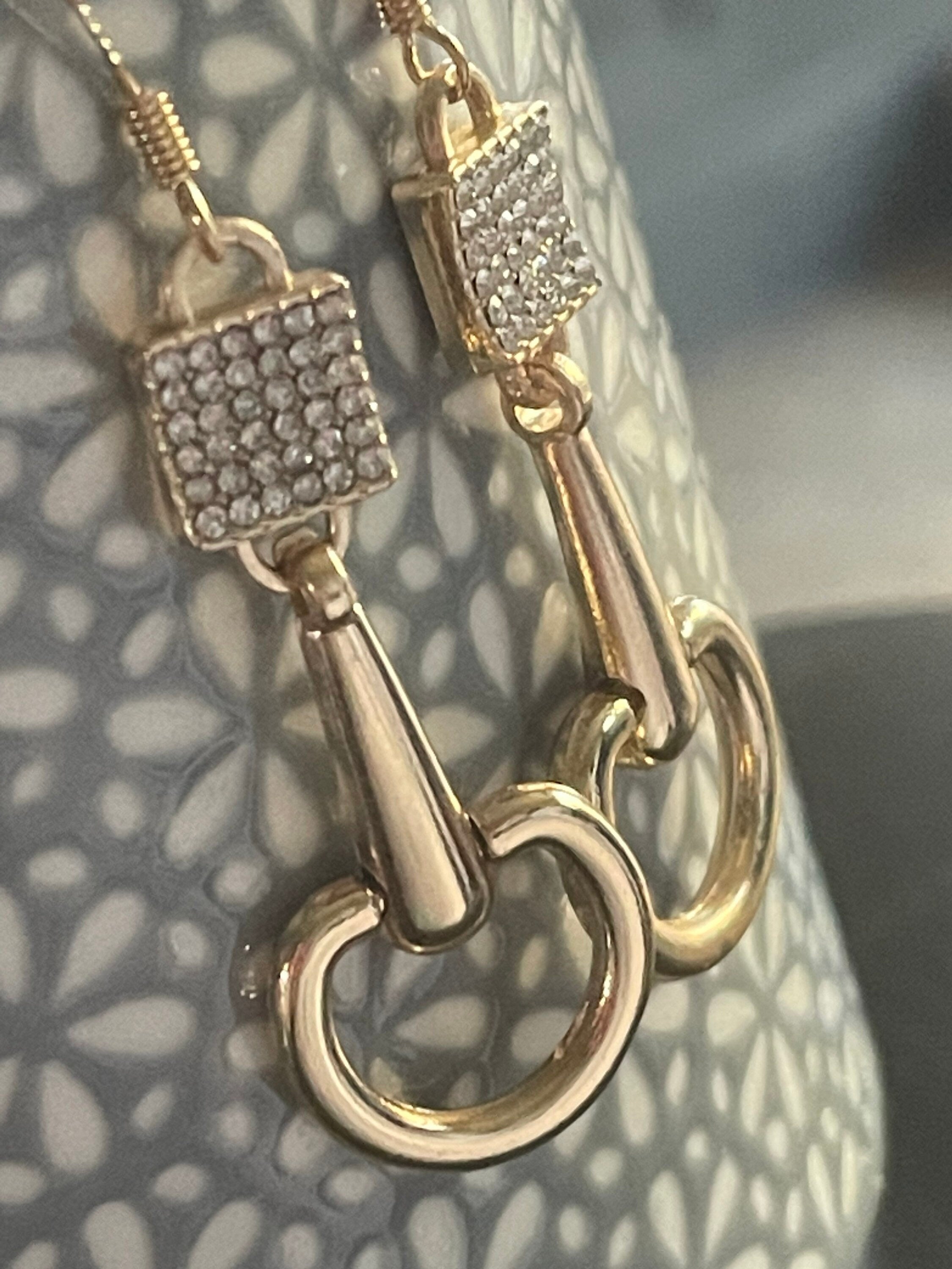 Handmade stirrup horse bit dangly diamanté snaffle earrings gold tone equestrian