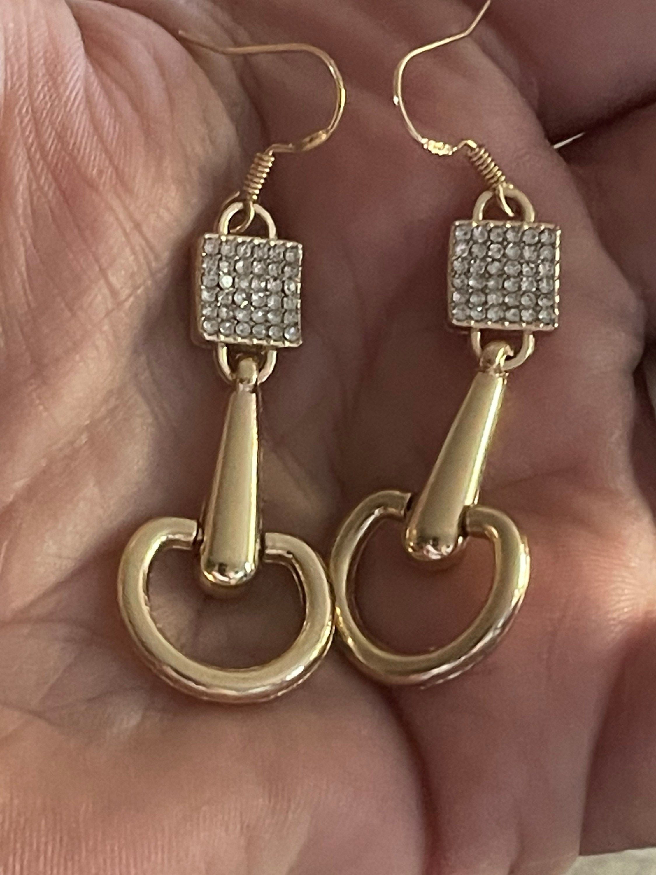 Handmade stirrup horse bit dangly diamanté snaffle earrings gold tone equestrian