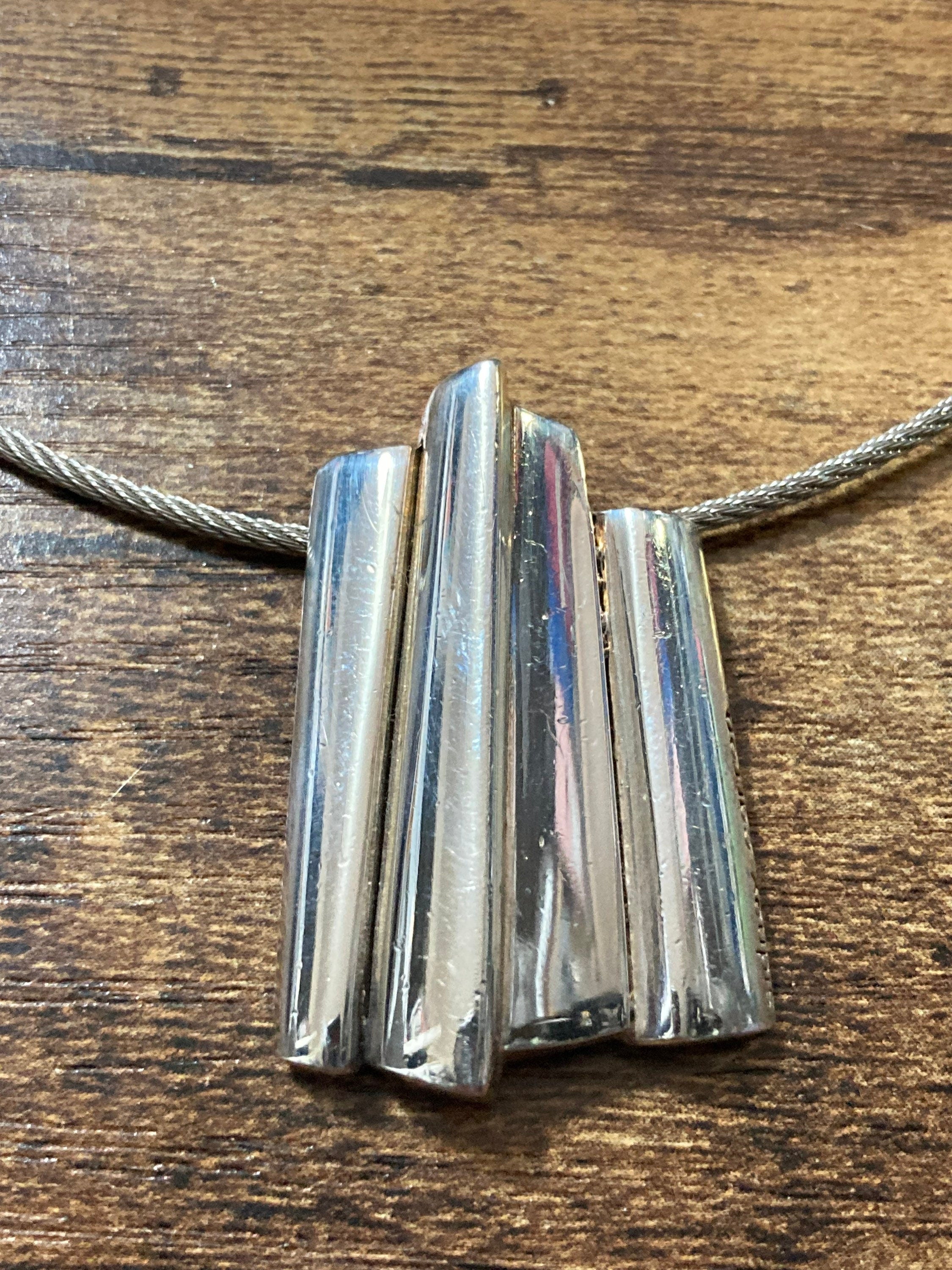 Signed Sidney Carron silver iconic abstract pendant necklace and clip on earrings French designer