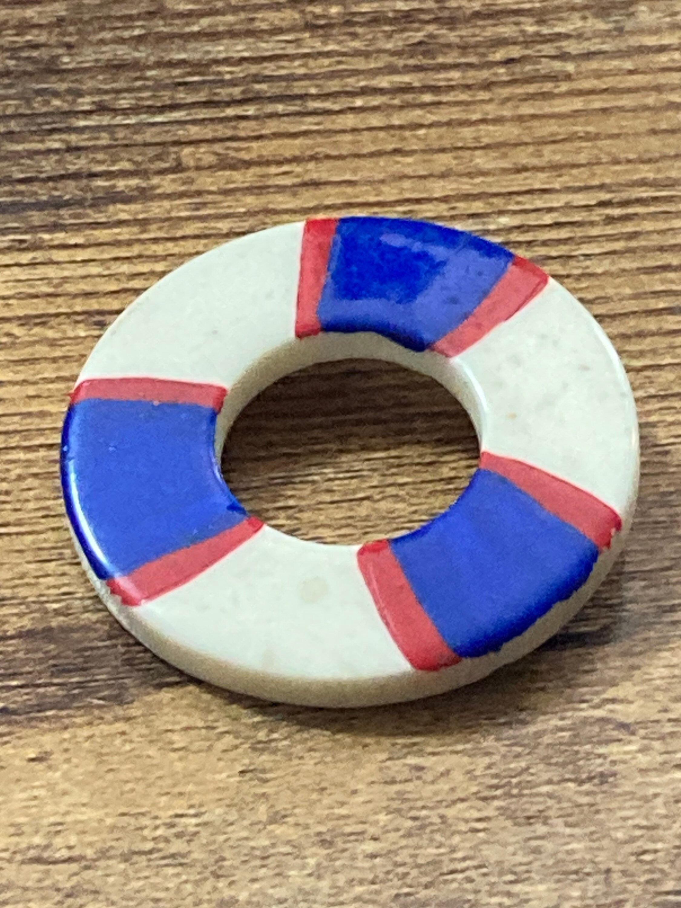 vintage nautical plastic red white and blue life bouy lifesaving ring  Brooch