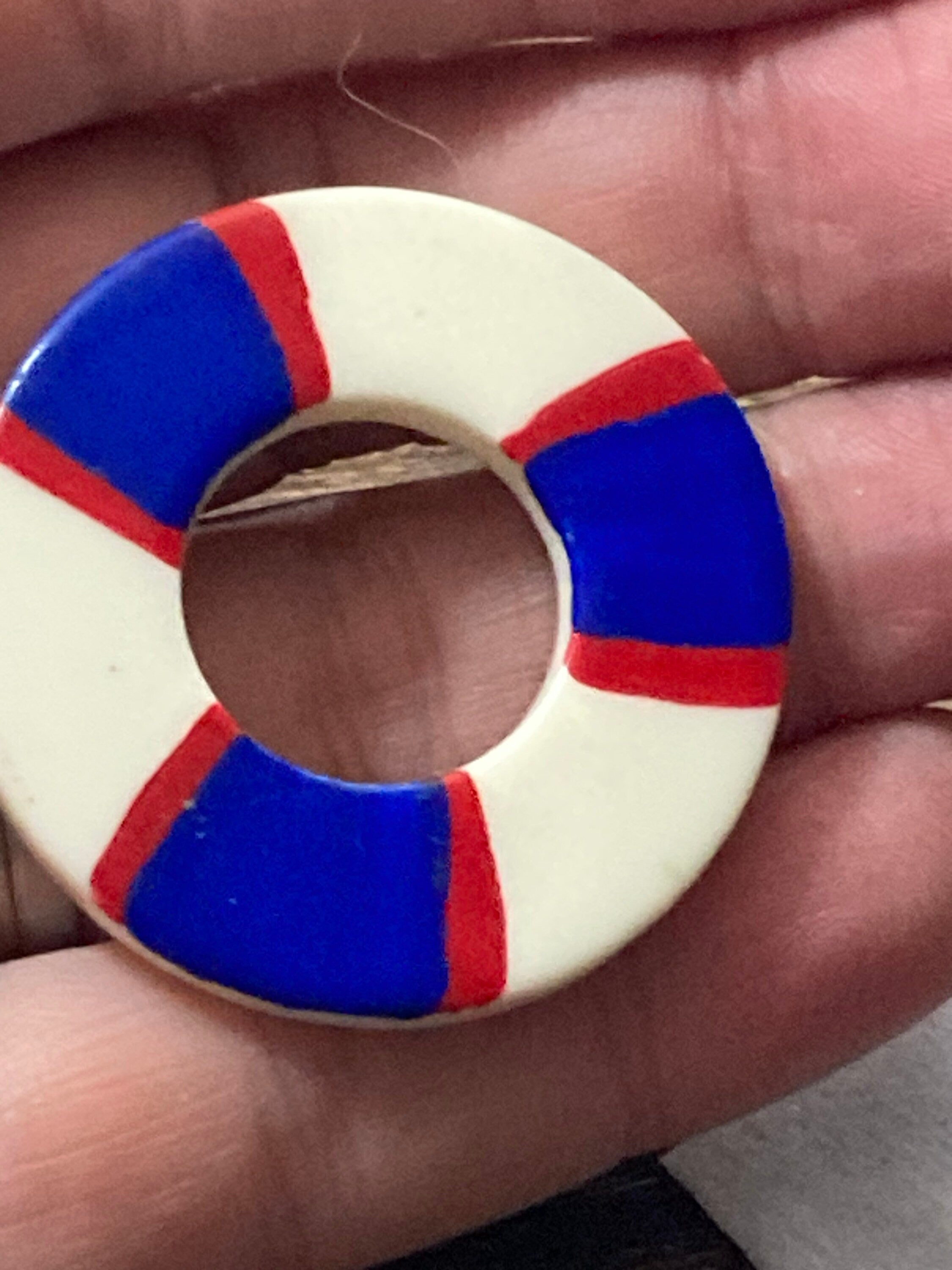 vintage nautical plastic red white and blue life bouy lifesaving ring  Brooch