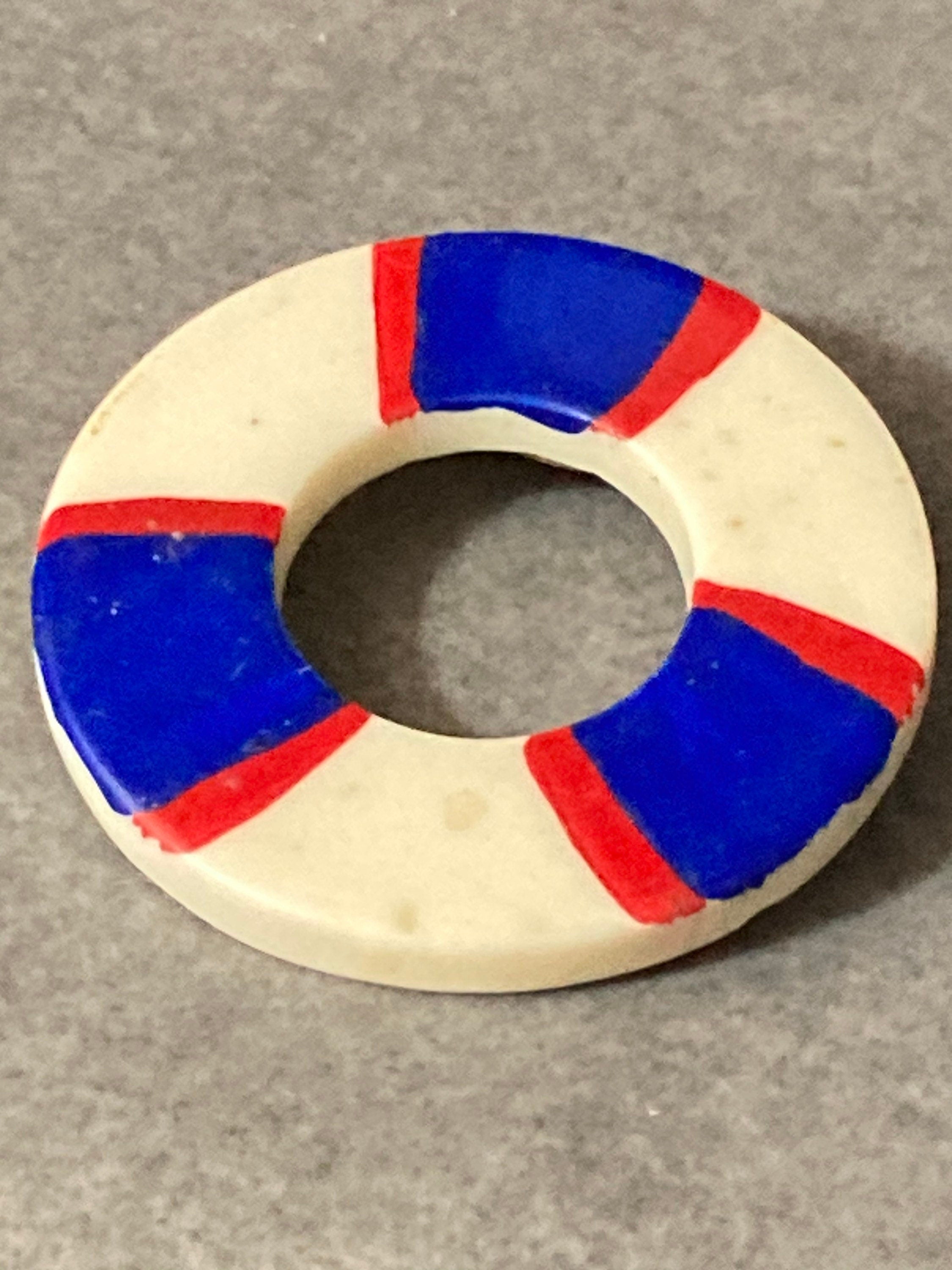 vintage nautical plastic red white and blue life bouy lifesaving ring  Brooch