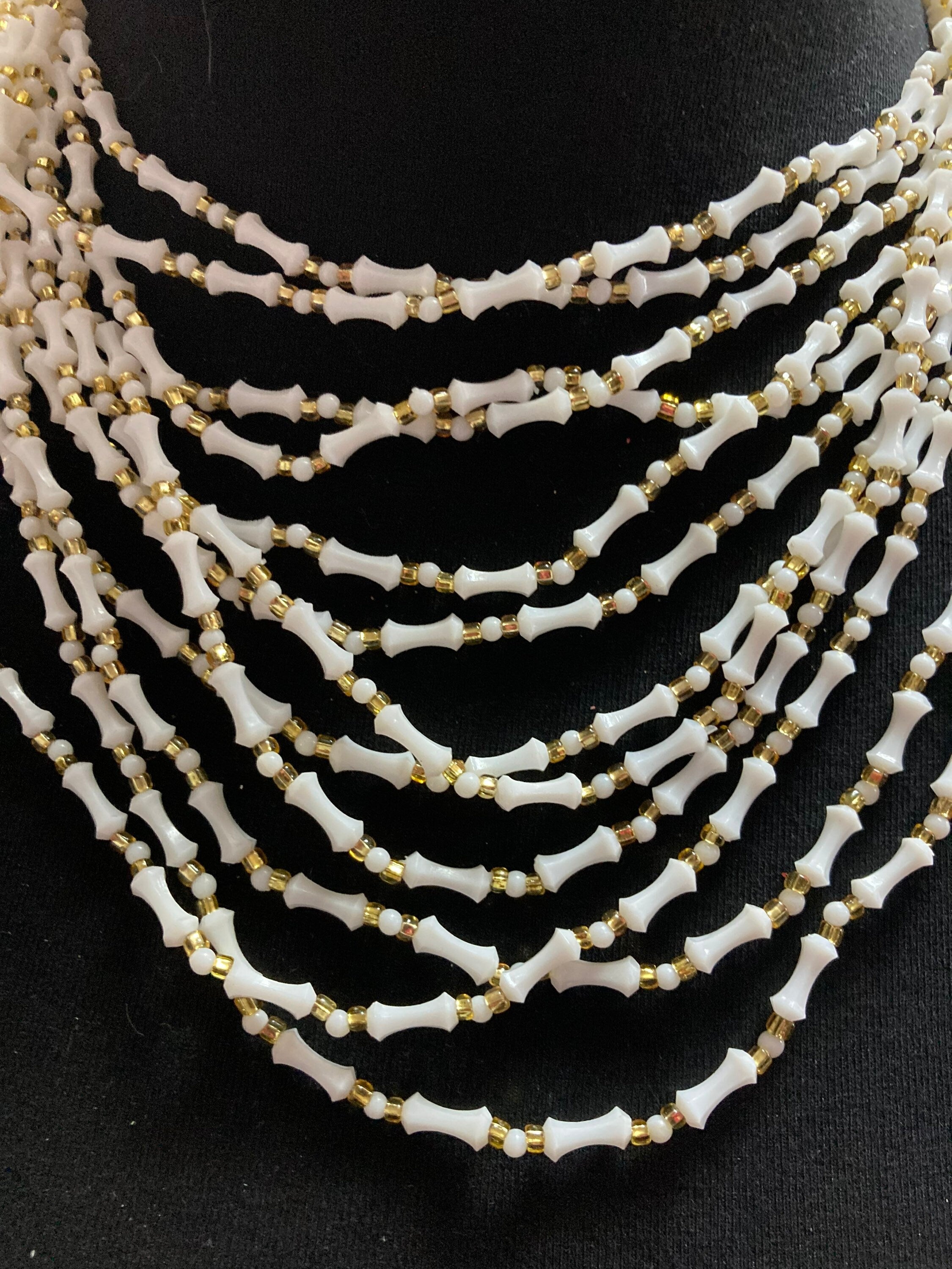 SIGNED HONG KONG Mid century white gold plastic beaded multi strand choker necklace