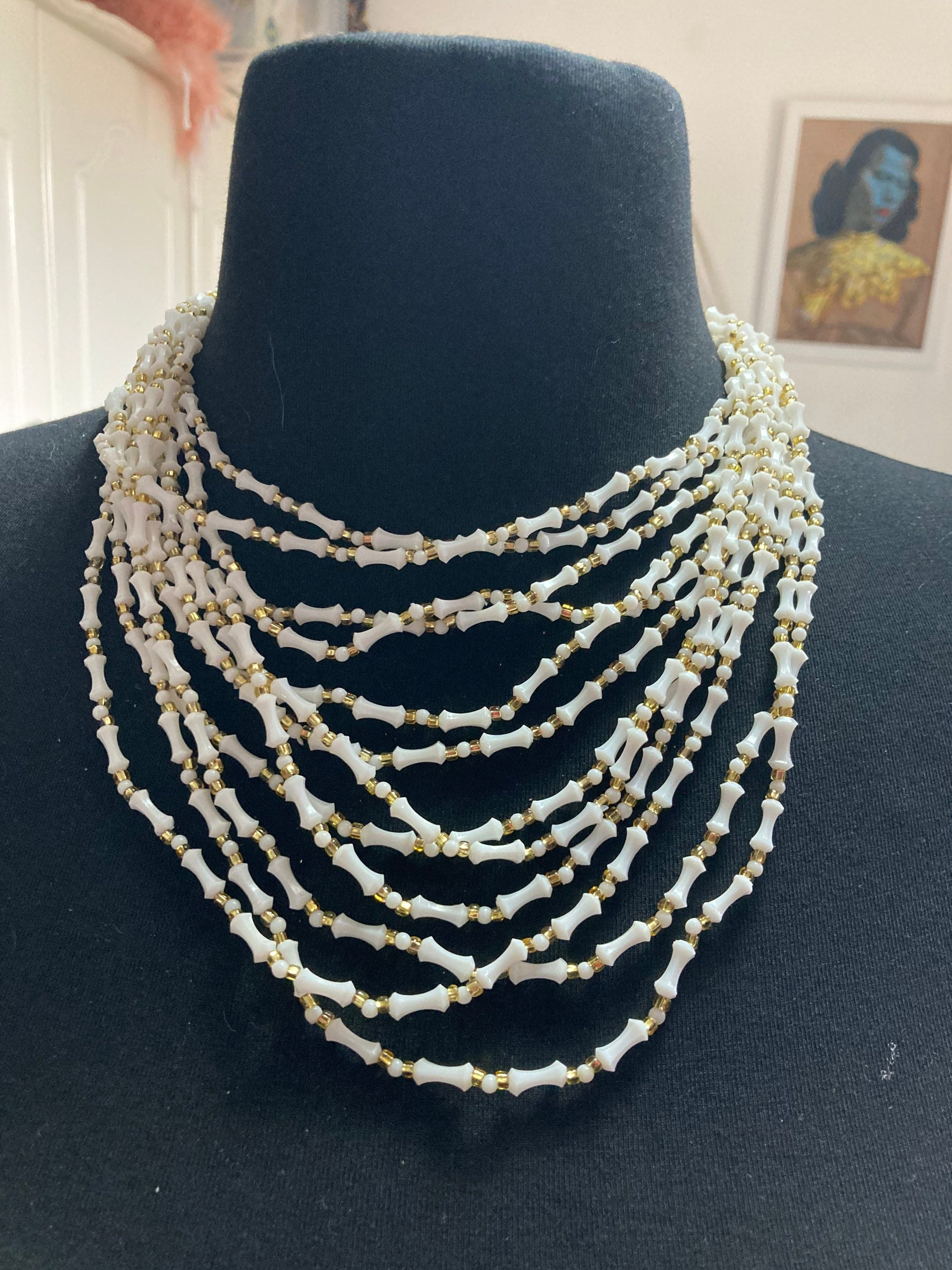 SIGNED HONG KONG Mid century white gold plastic beaded multi strand choker necklace