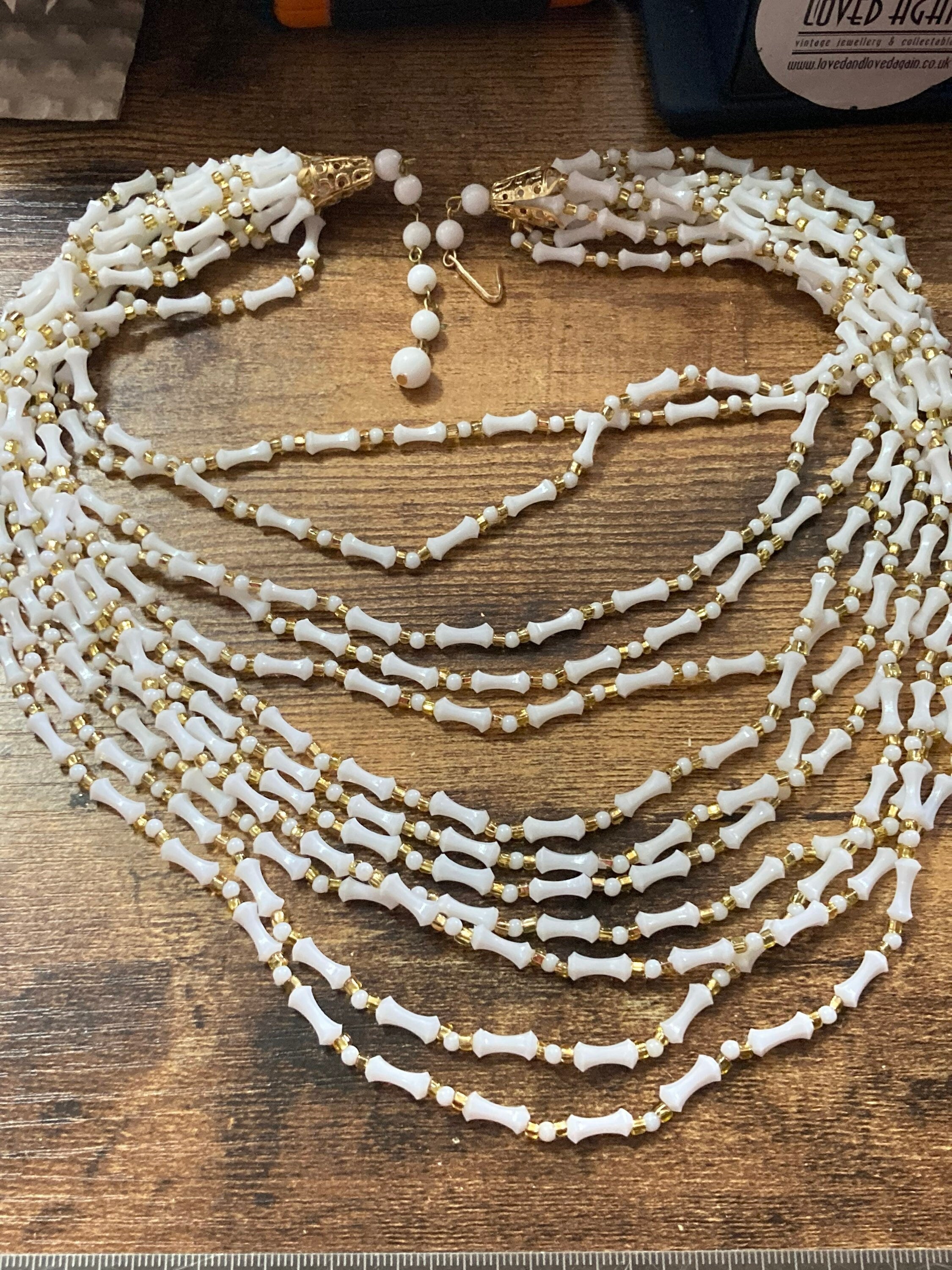 SIGNED HONG KONG Mid century white gold plastic beaded multi strand choker necklace