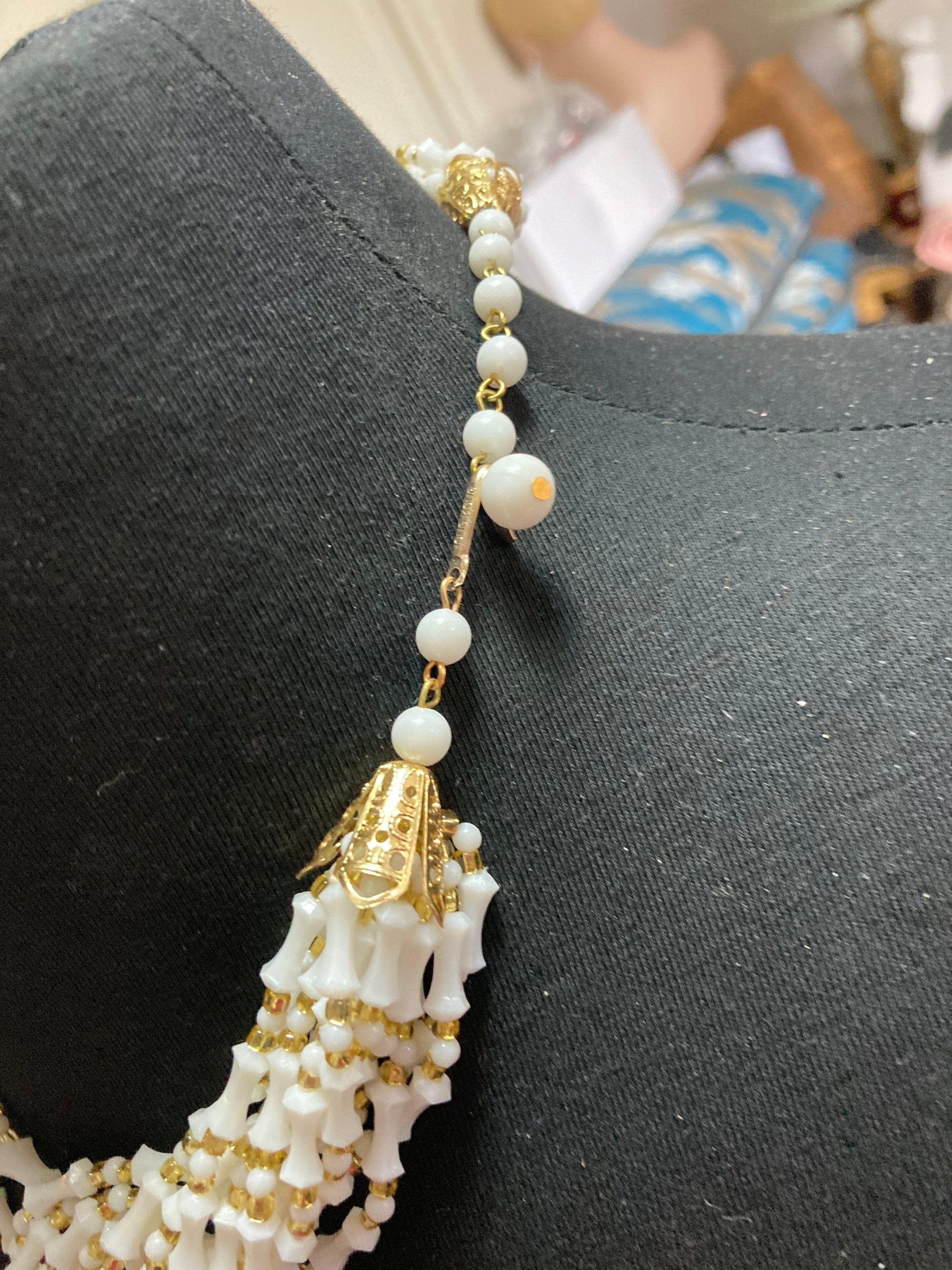 SIGNED HONG KONG Mid century white gold plastic beaded multi strand choker necklace