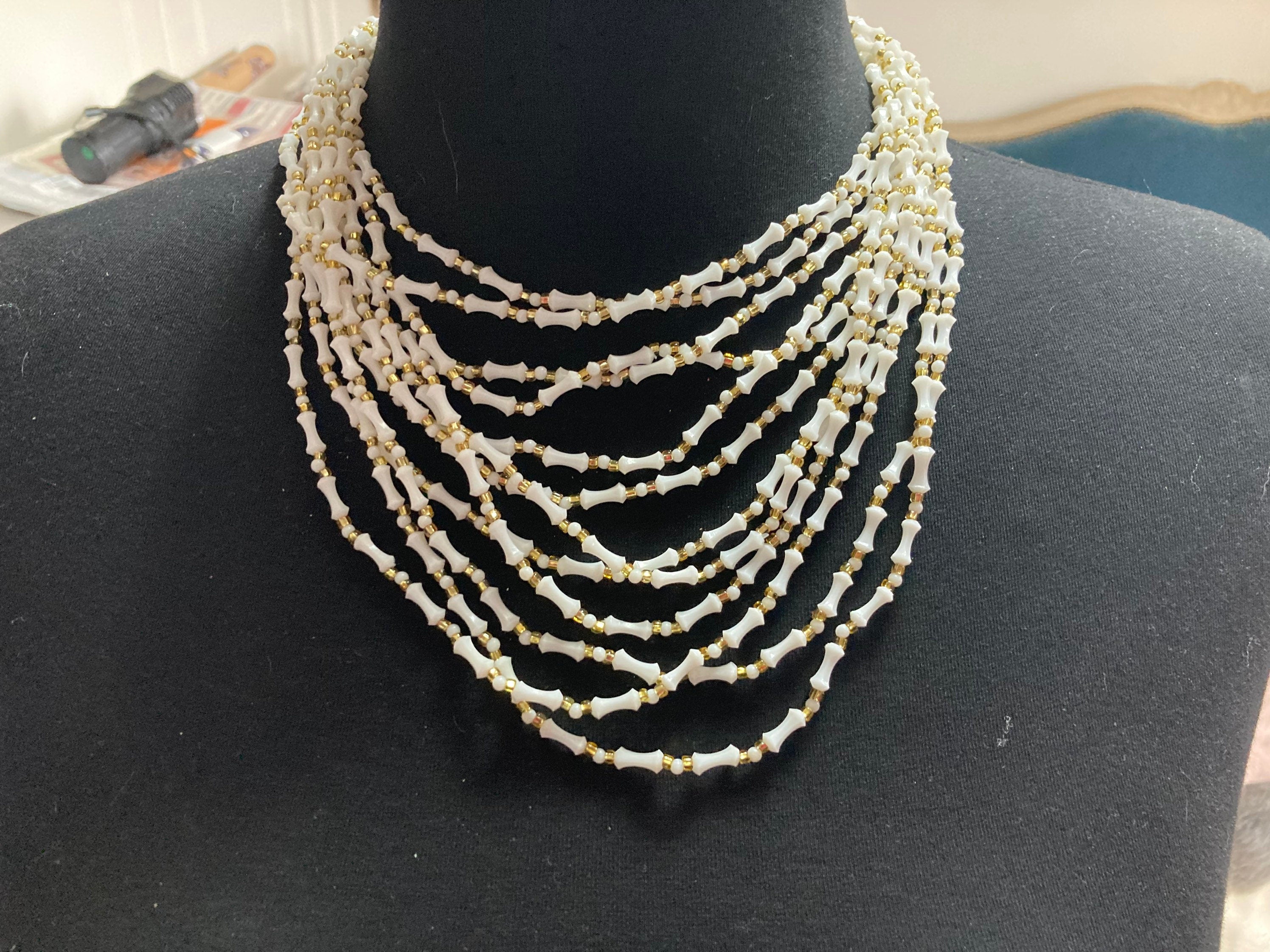 SIGNED HONG KONG Mid century white gold plastic beaded multi strand choker necklace