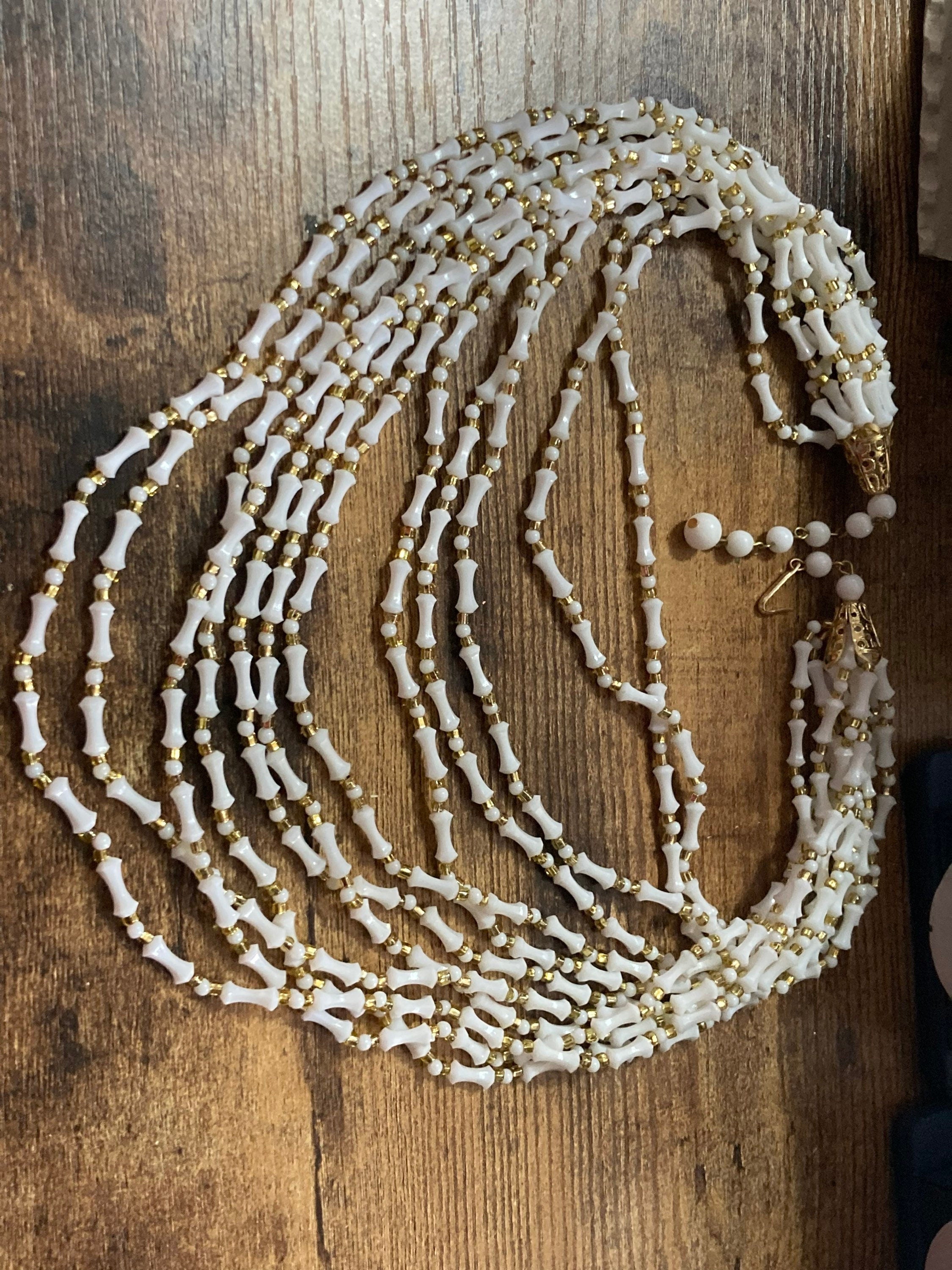 SIGNED HONG KONG Mid century white gold plastic beaded multi strand choker necklace