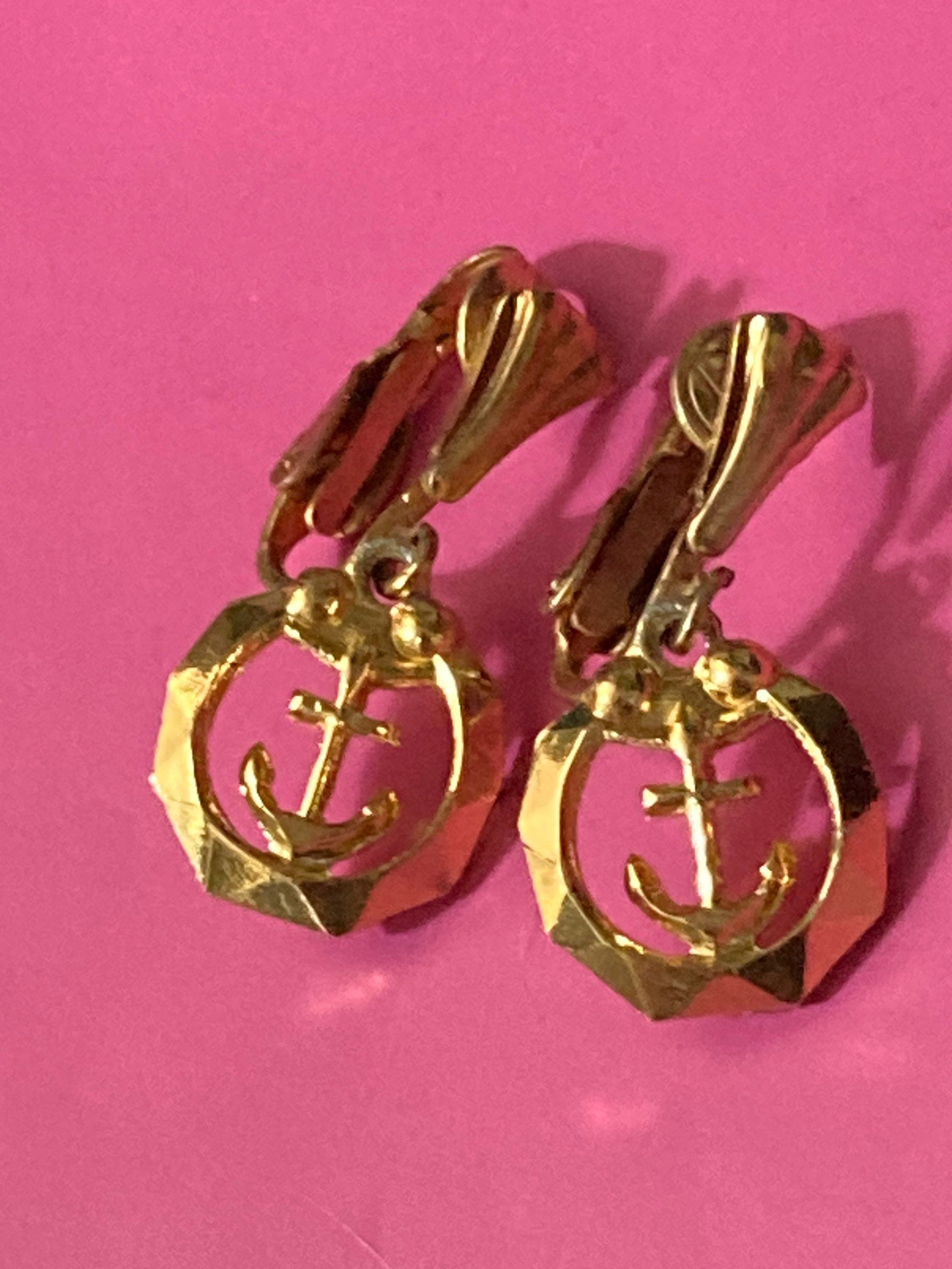 gold tone Nautical anchor dangly drop clip on earrings