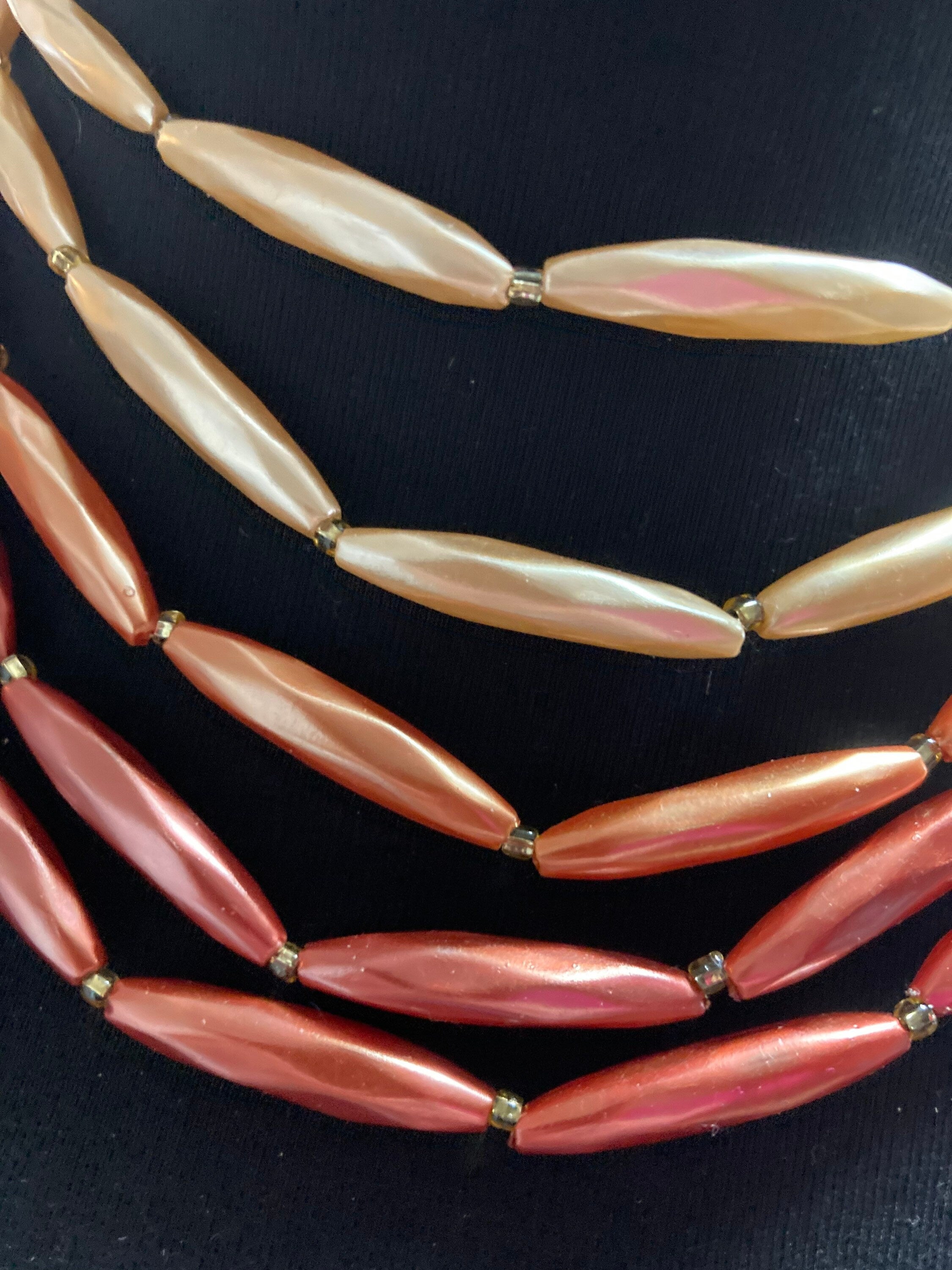 Mid century orange peach pink faux pearl plastic beaded multi strand choker necklace