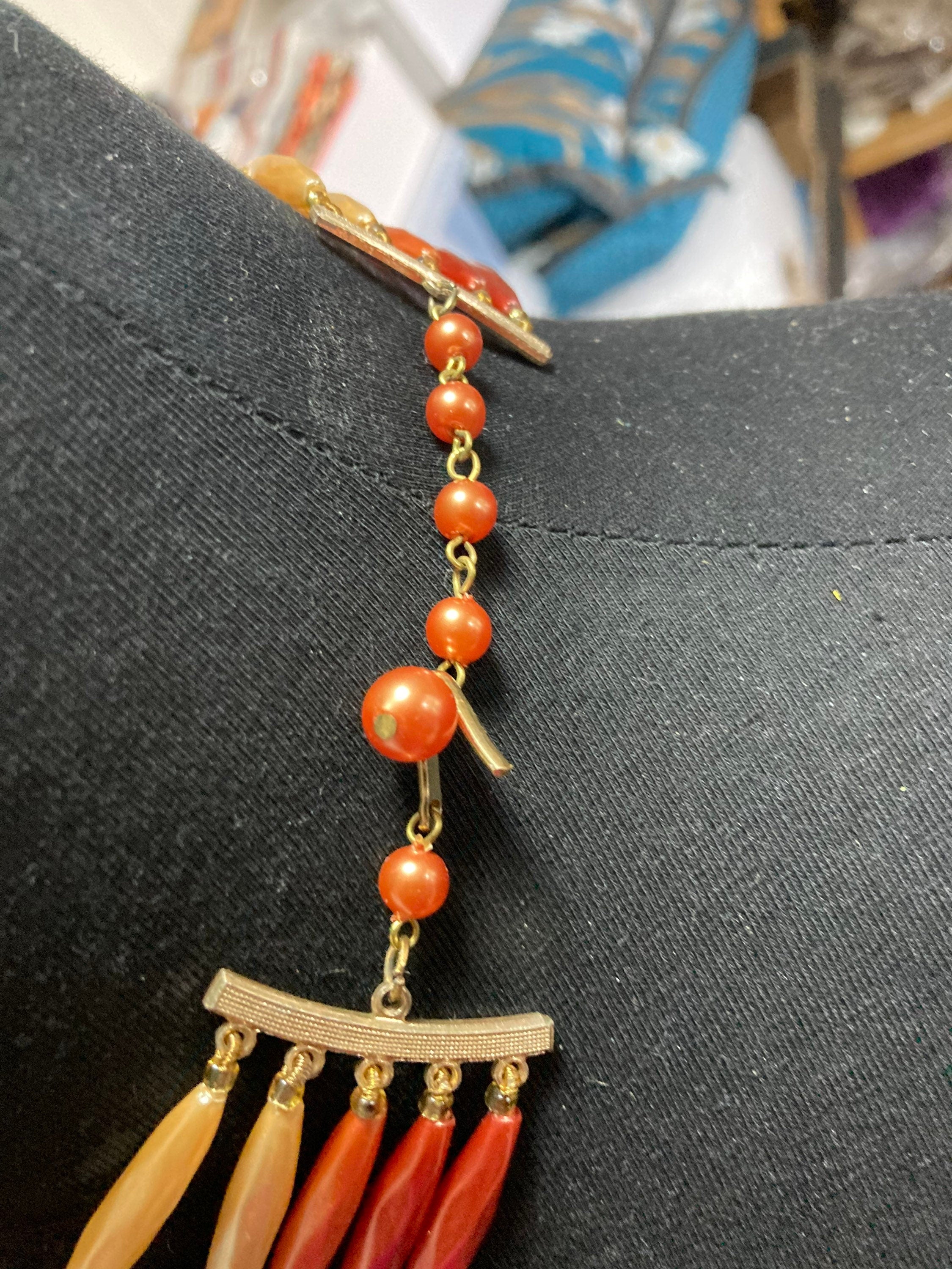 Mid century orange peach pink faux pearl plastic beaded multi strand choker necklace