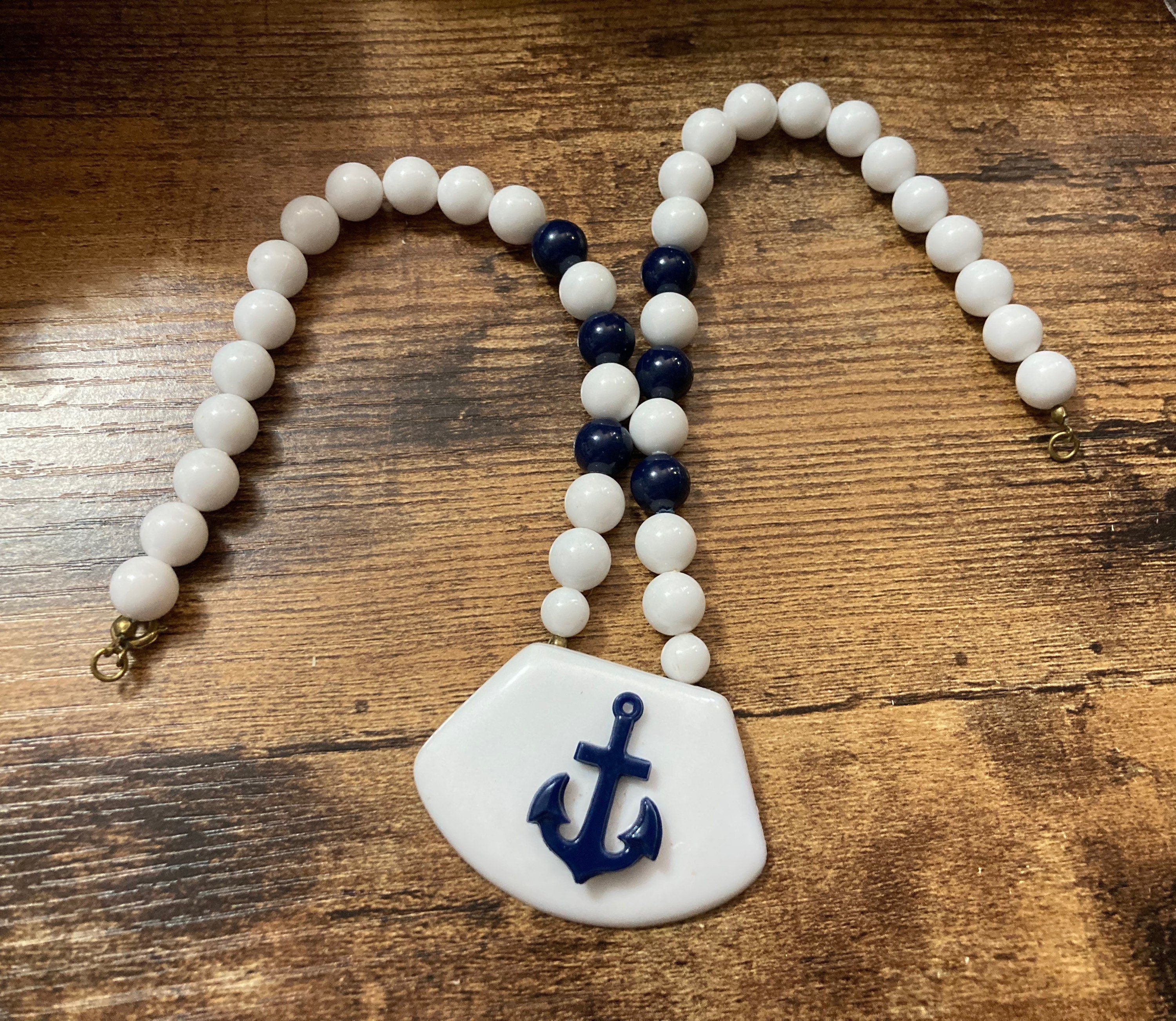 Vintage blue and white beaded plastic anchor necklace