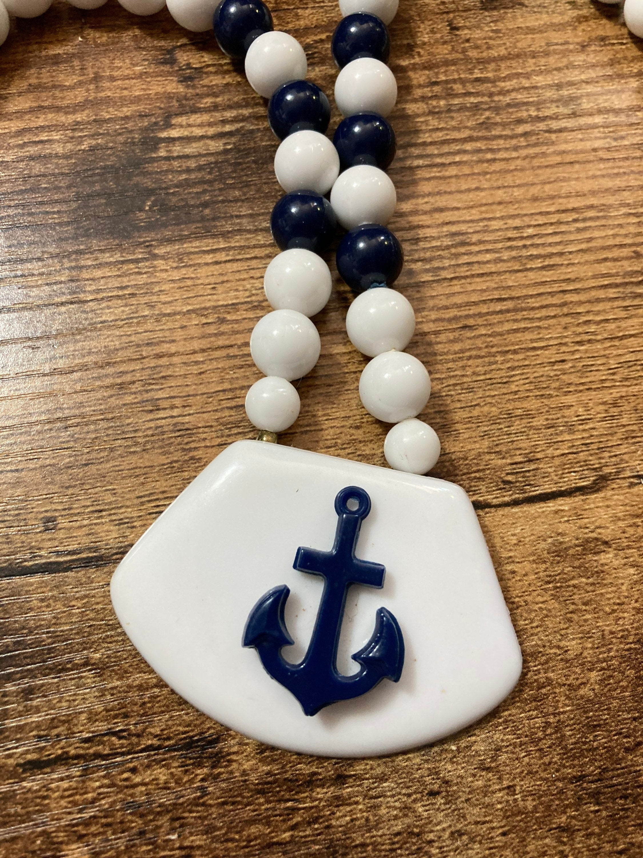 Vintage blue and white beaded plastic anchor necklace