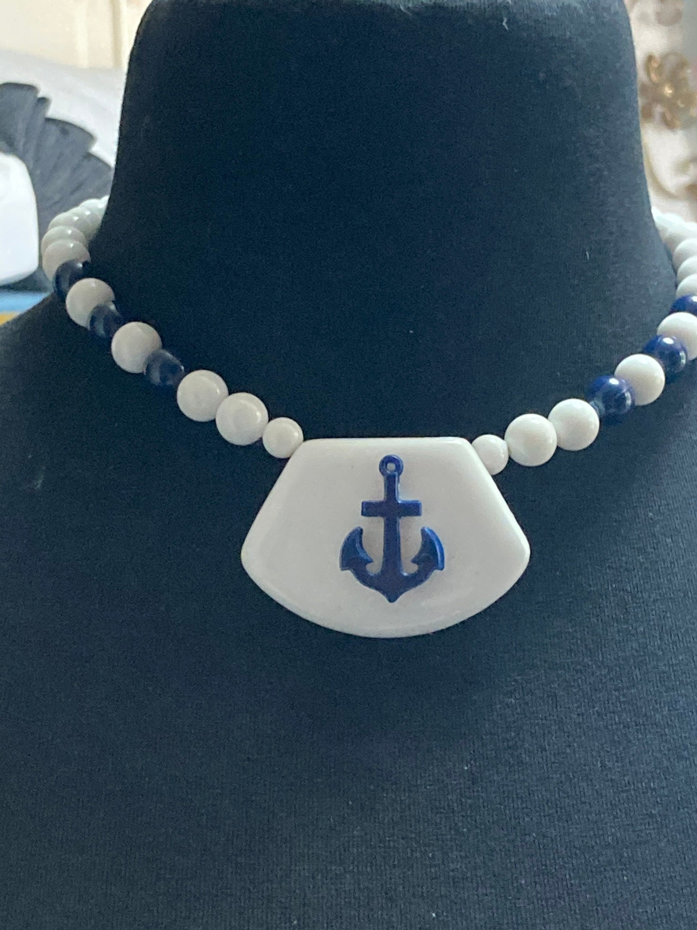 Vintage blue and white beaded plastic anchor necklace