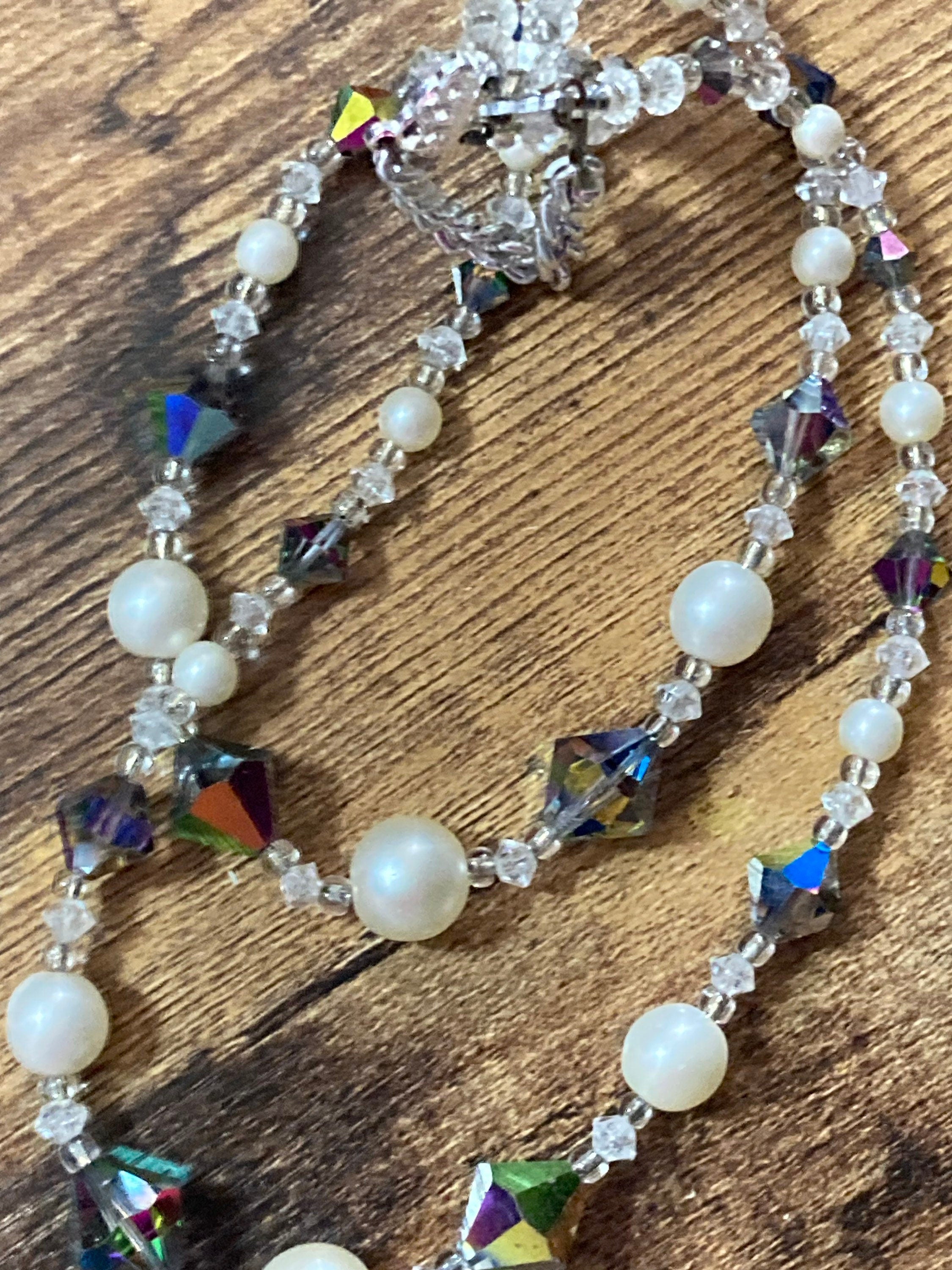 Petite neck Mid century faux pearl and rainbow glass 2 row multi strand choker necklace