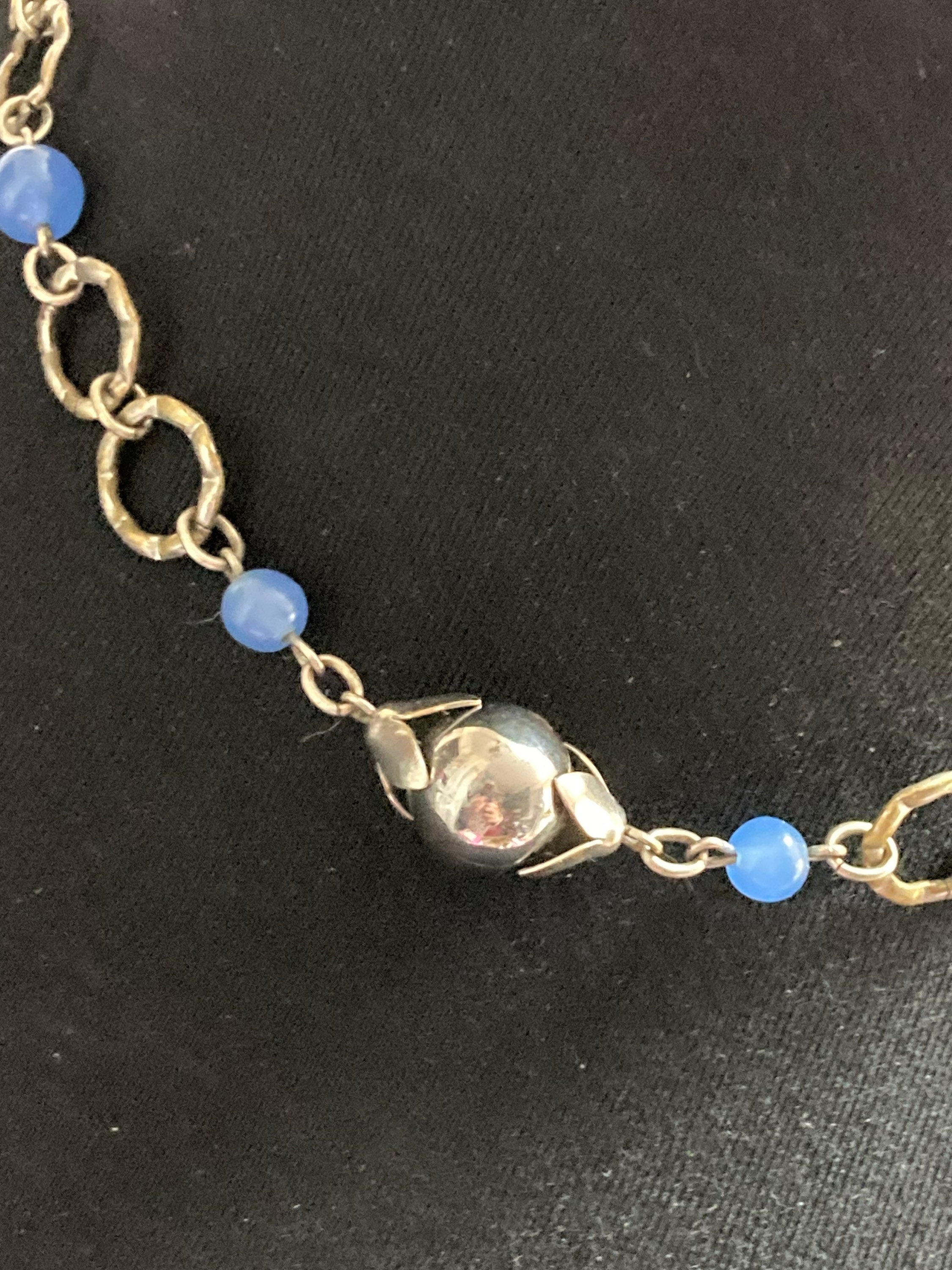 Art Deco czech chrome silver necklace with opaque blue glass beaded stones