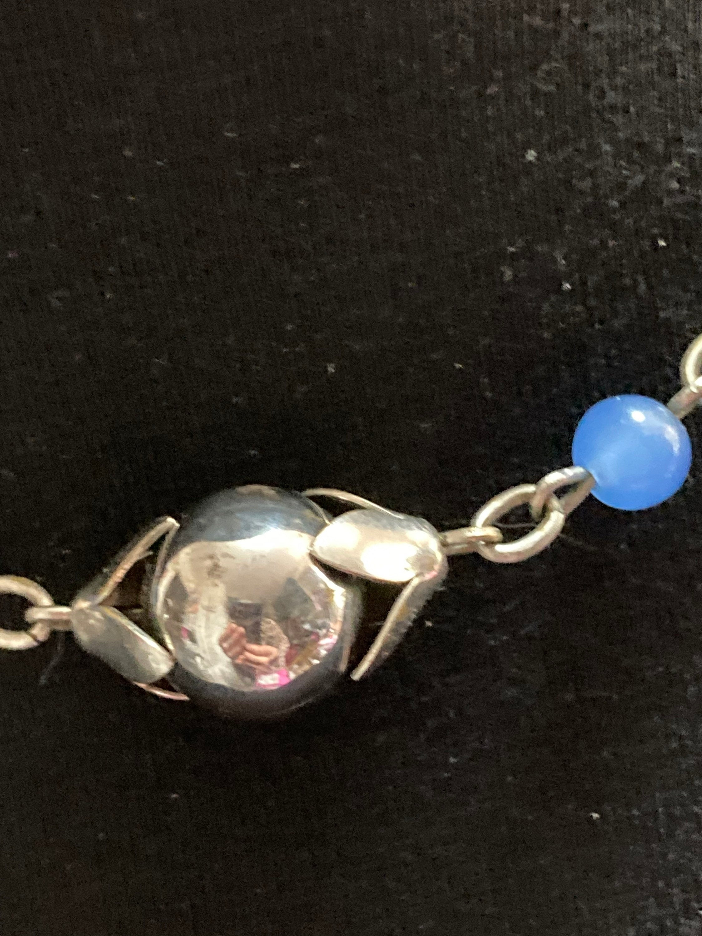 Art Deco czech chrome silver necklace with opaque blue glass beaded stones