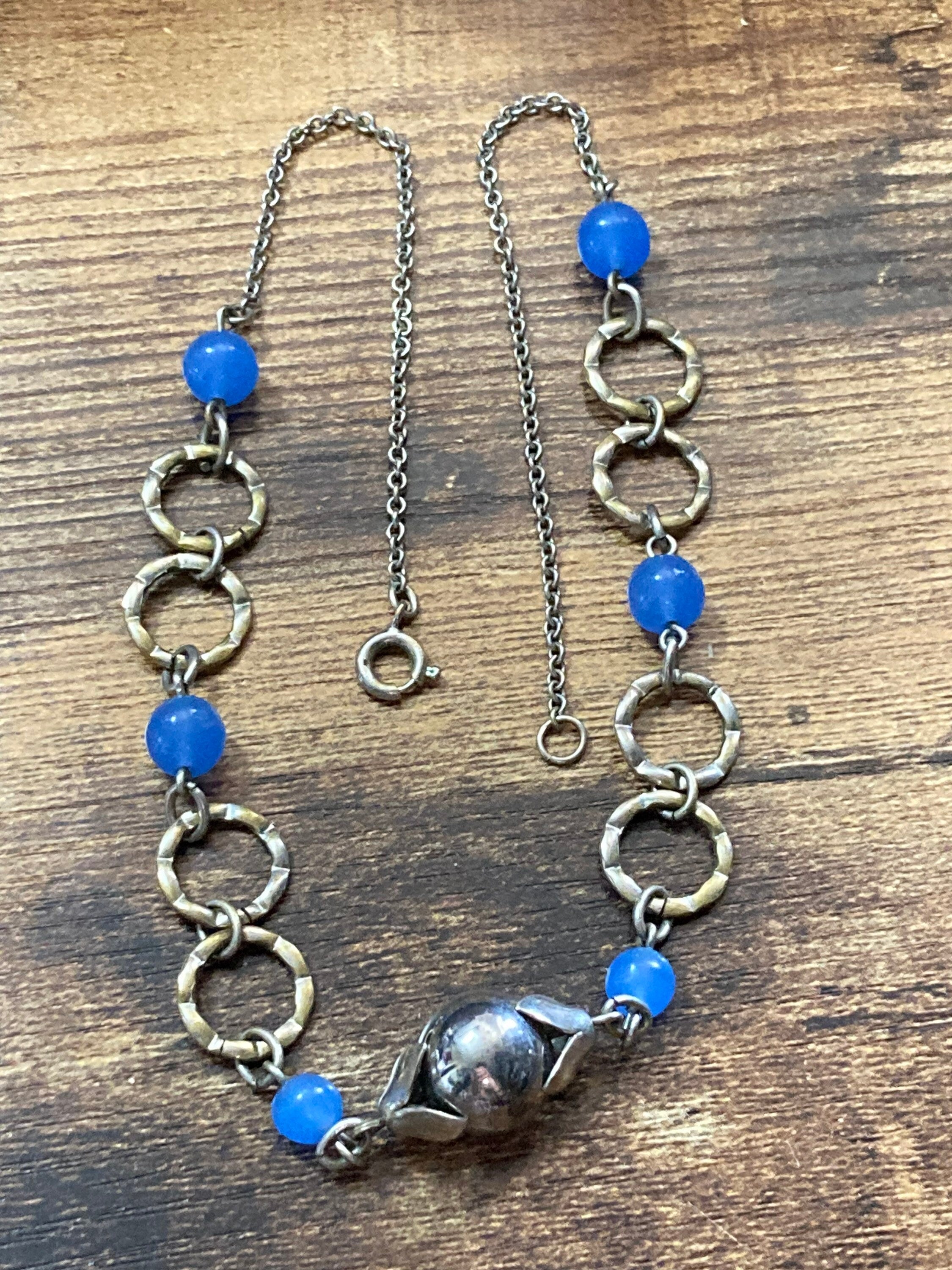 Art Deco czech chrome silver necklace with opaque blue glass beaded stones