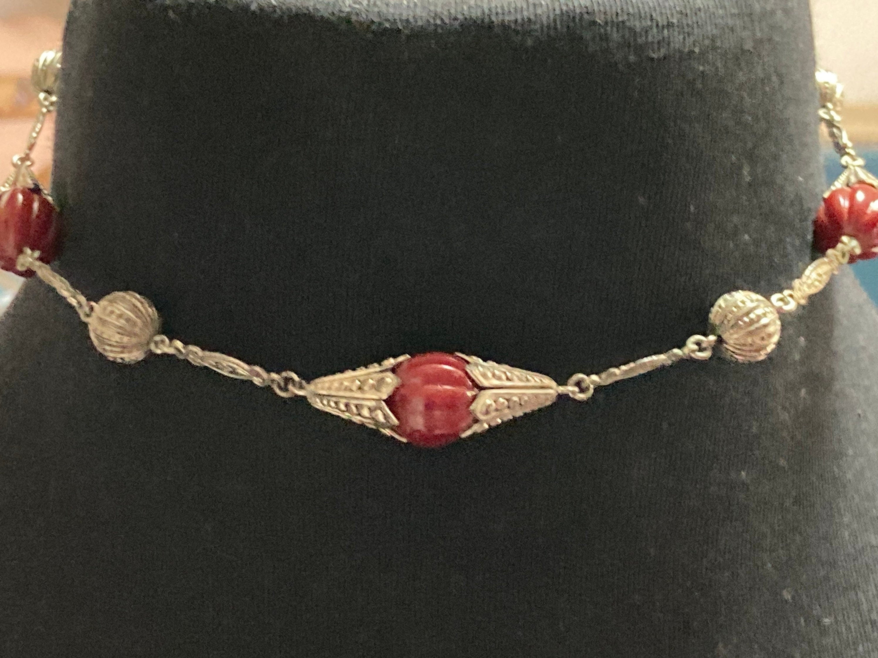 Czech silver filigree deep dark red beaded necklace 1920s art deco