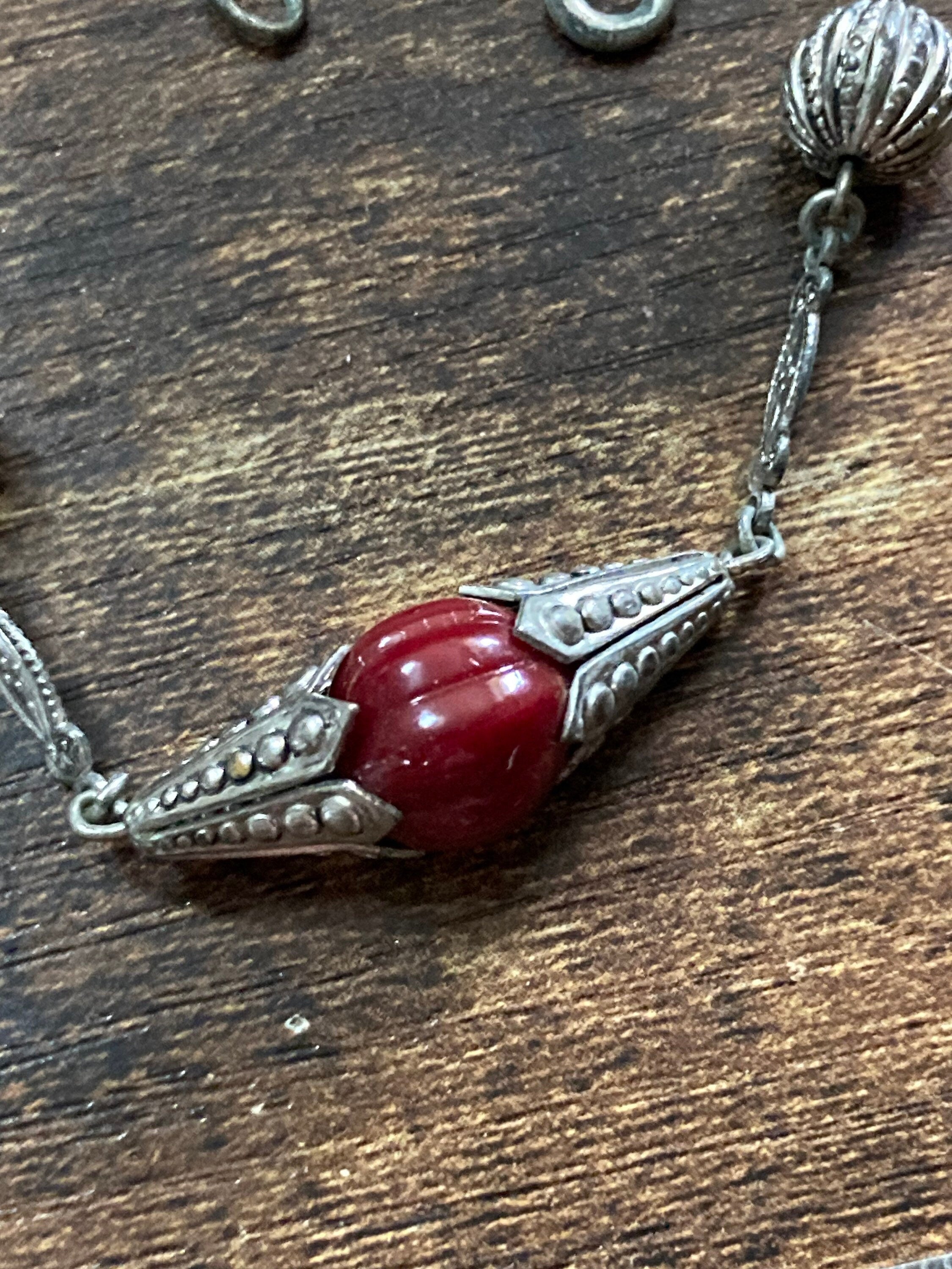 Czech silver filigree deep dark red beaded necklace 1920s art deco