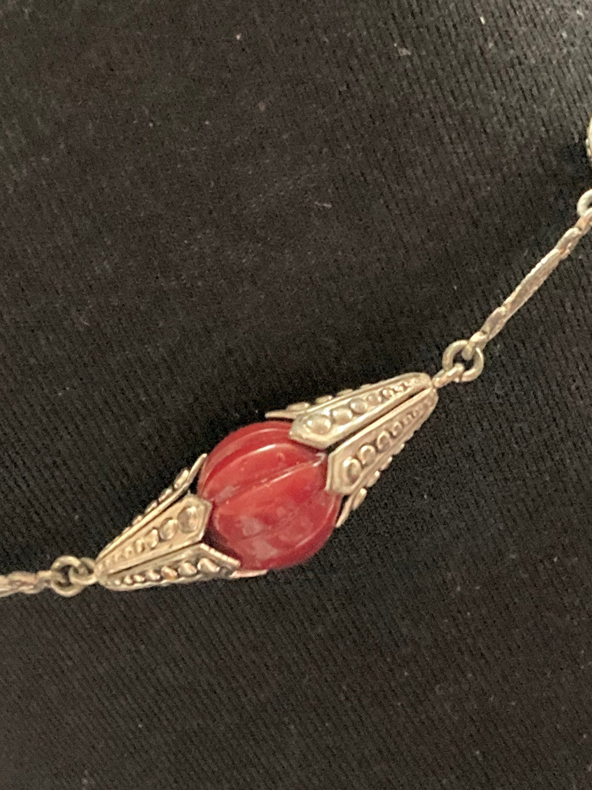 Czech silver filigree deep dark red beaded necklace 1920s art deco