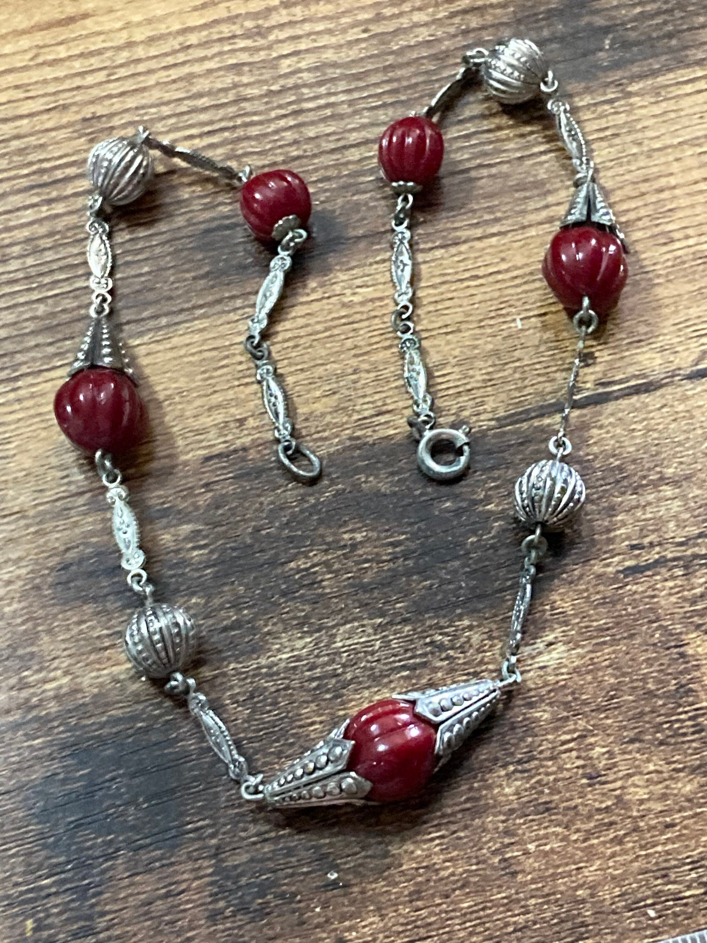 Czech silver filigree deep dark red beaded necklace 1920s art deco