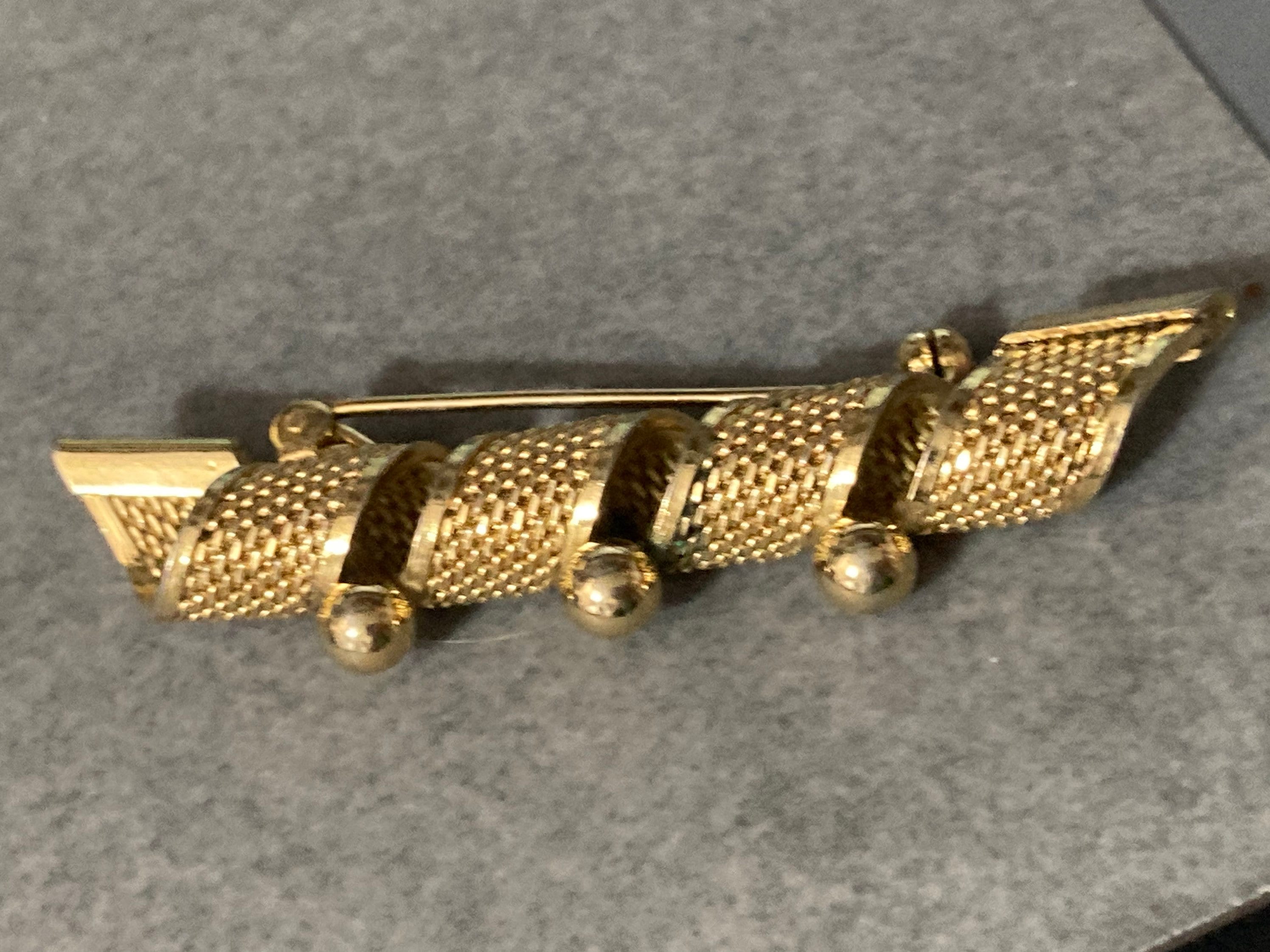 gold tone modernist filigree bar brooch with balls 6cm long