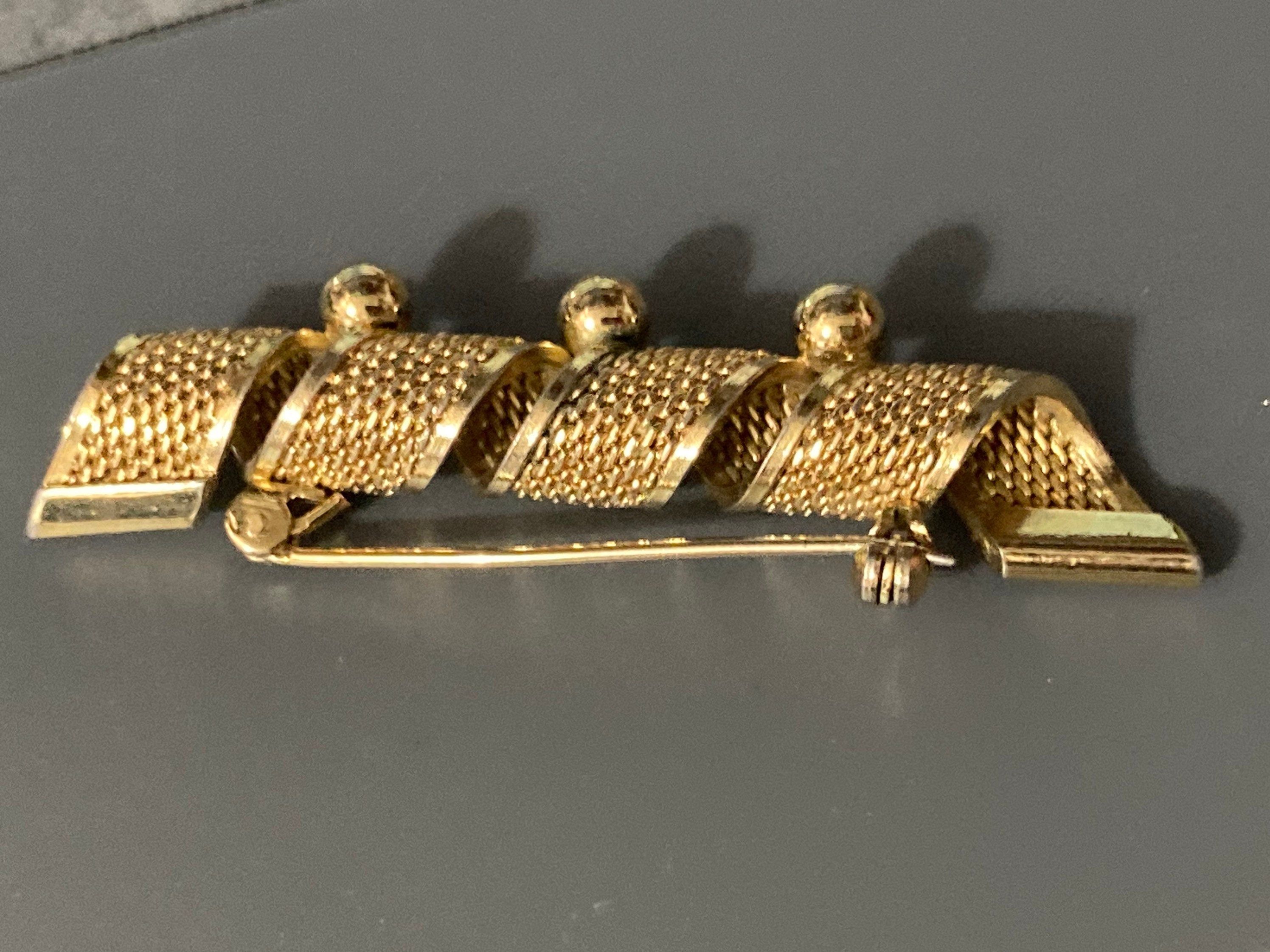 gold tone modernist filigree bar brooch with balls 6cm long