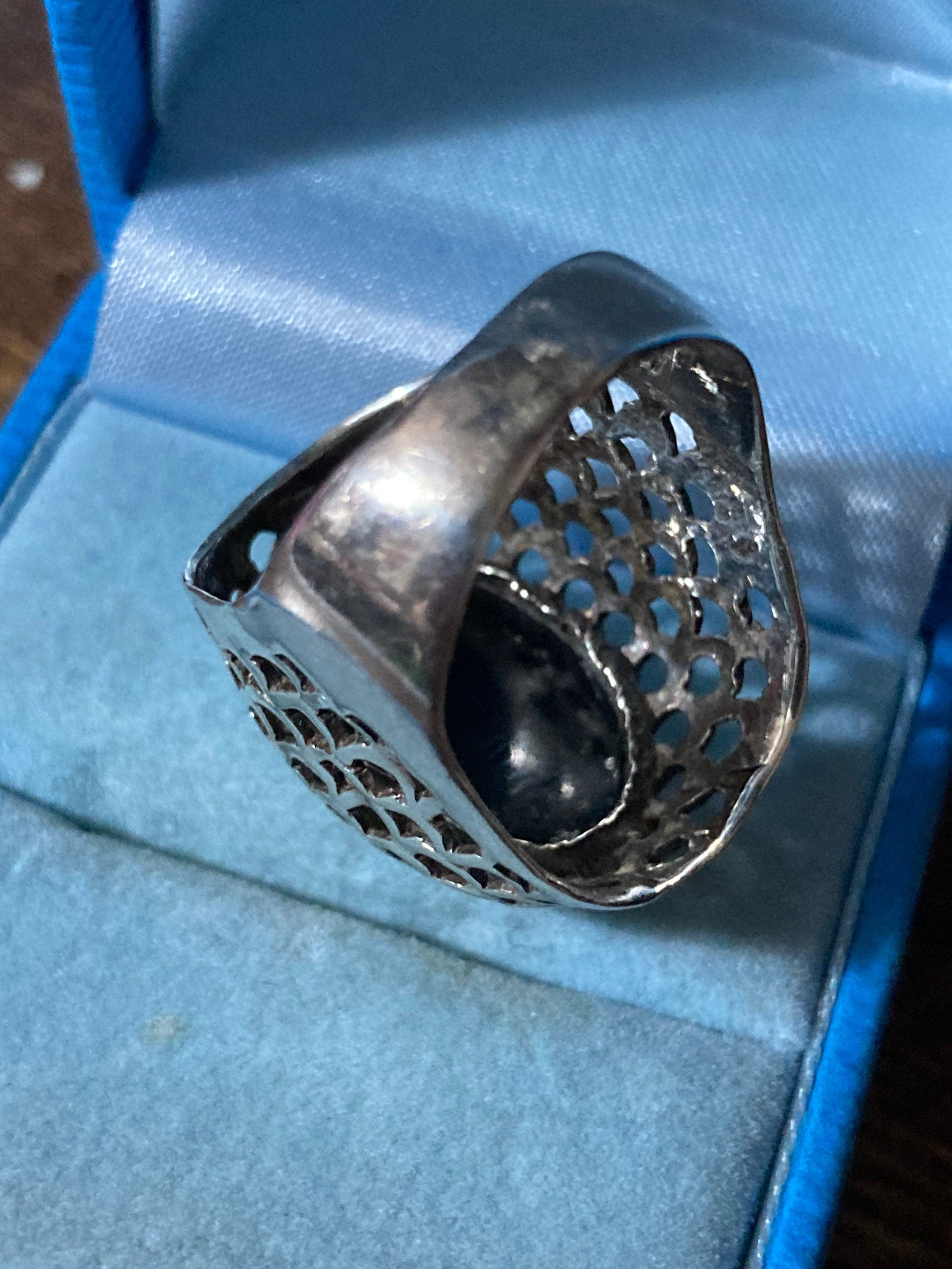 Vintage SIZE R 925 sterling silver modernist chunky open work black onyx gemstone dress ring 6.2grams