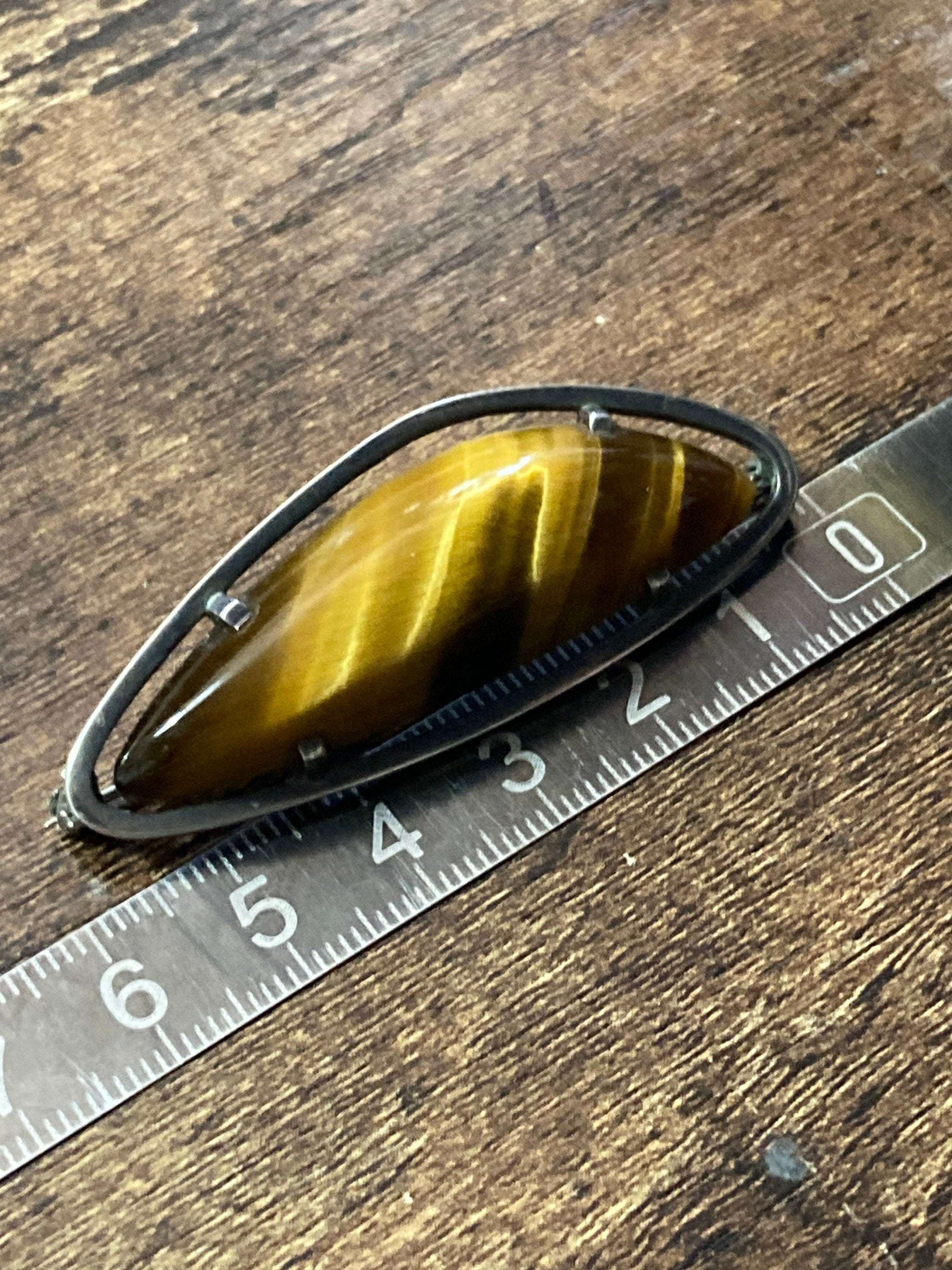 Vintage brown tigers eye gemstone brooch 925 sterling silver 13.7 grams 1970s