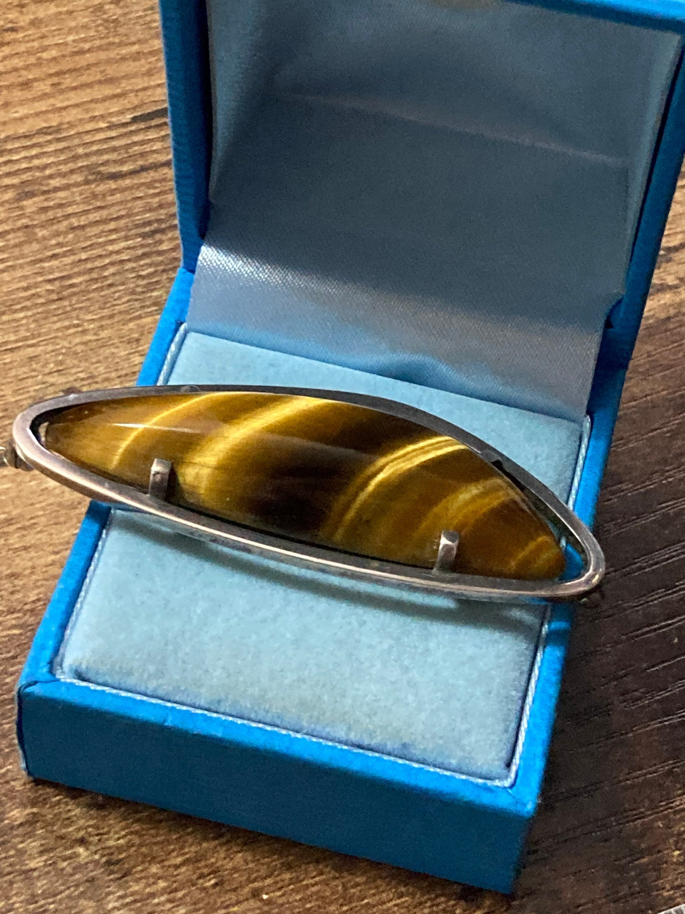 Vintage brown tigers eye gemstone brooch 925 sterling silver 13.7 grams 1970s
