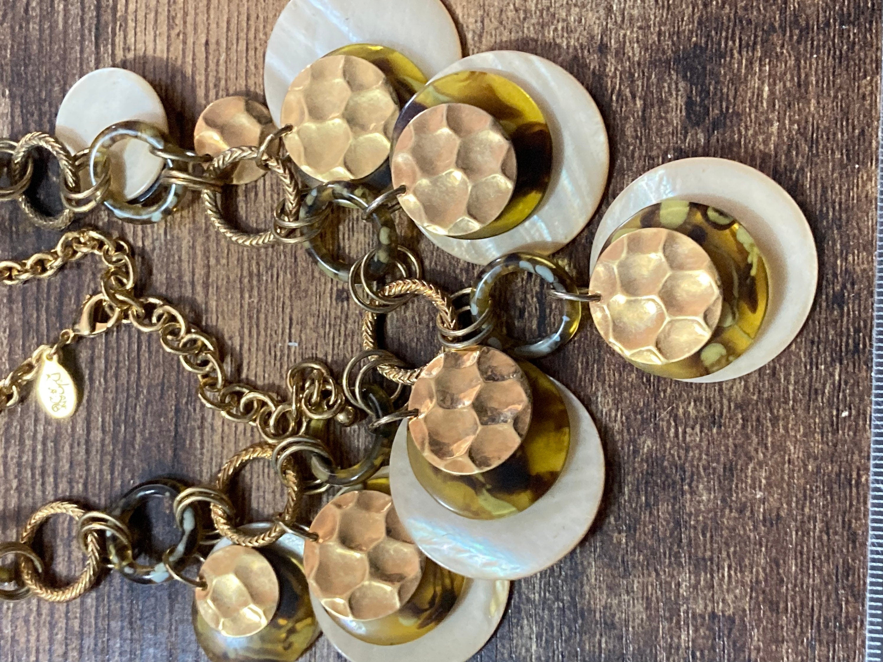 Signed Joan rivers gold tone faux tortoiseshell cream disc Bib necklace
