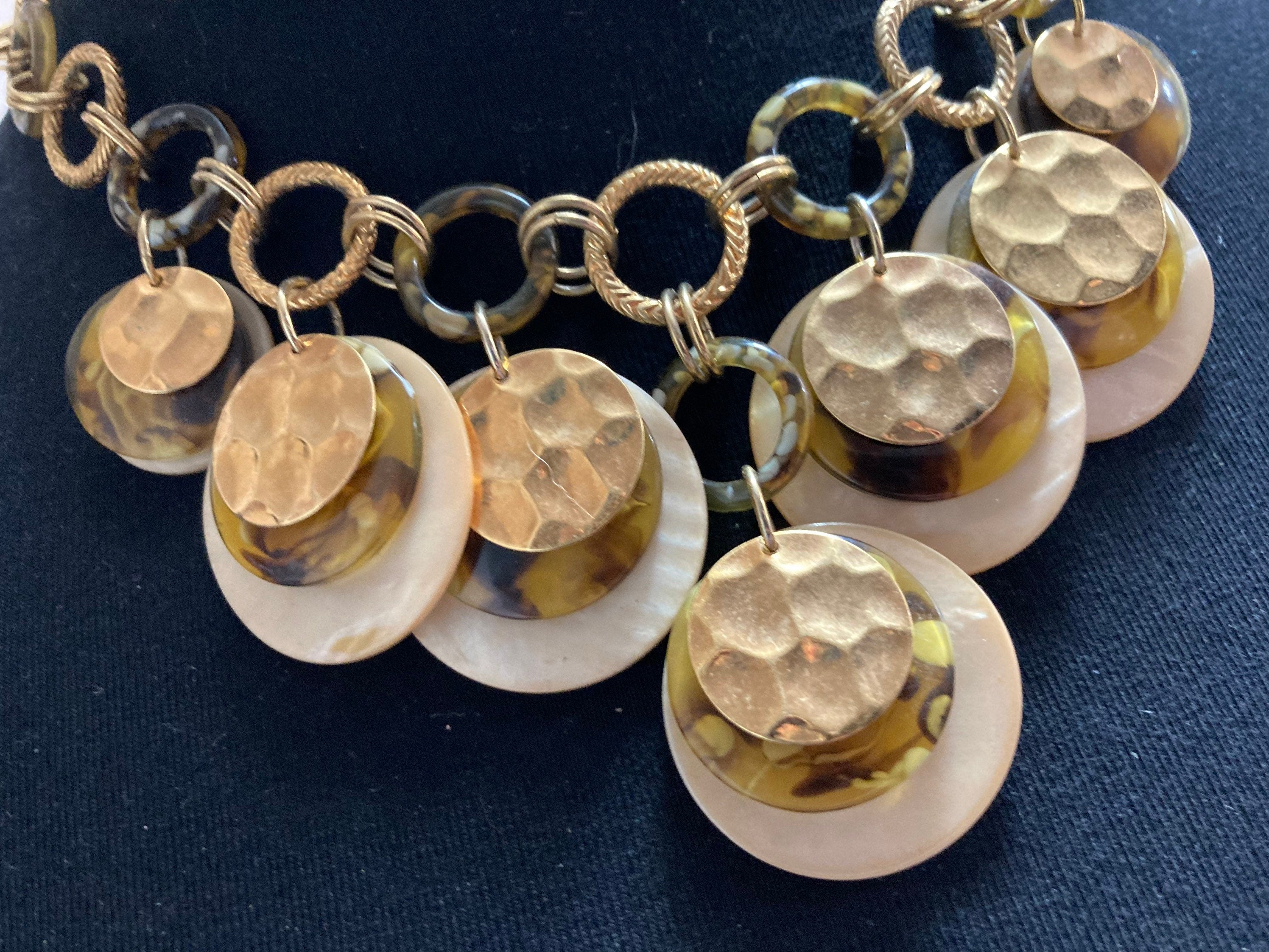Signed Joan rivers gold tone faux tortoiseshell cream disc Bib necklace