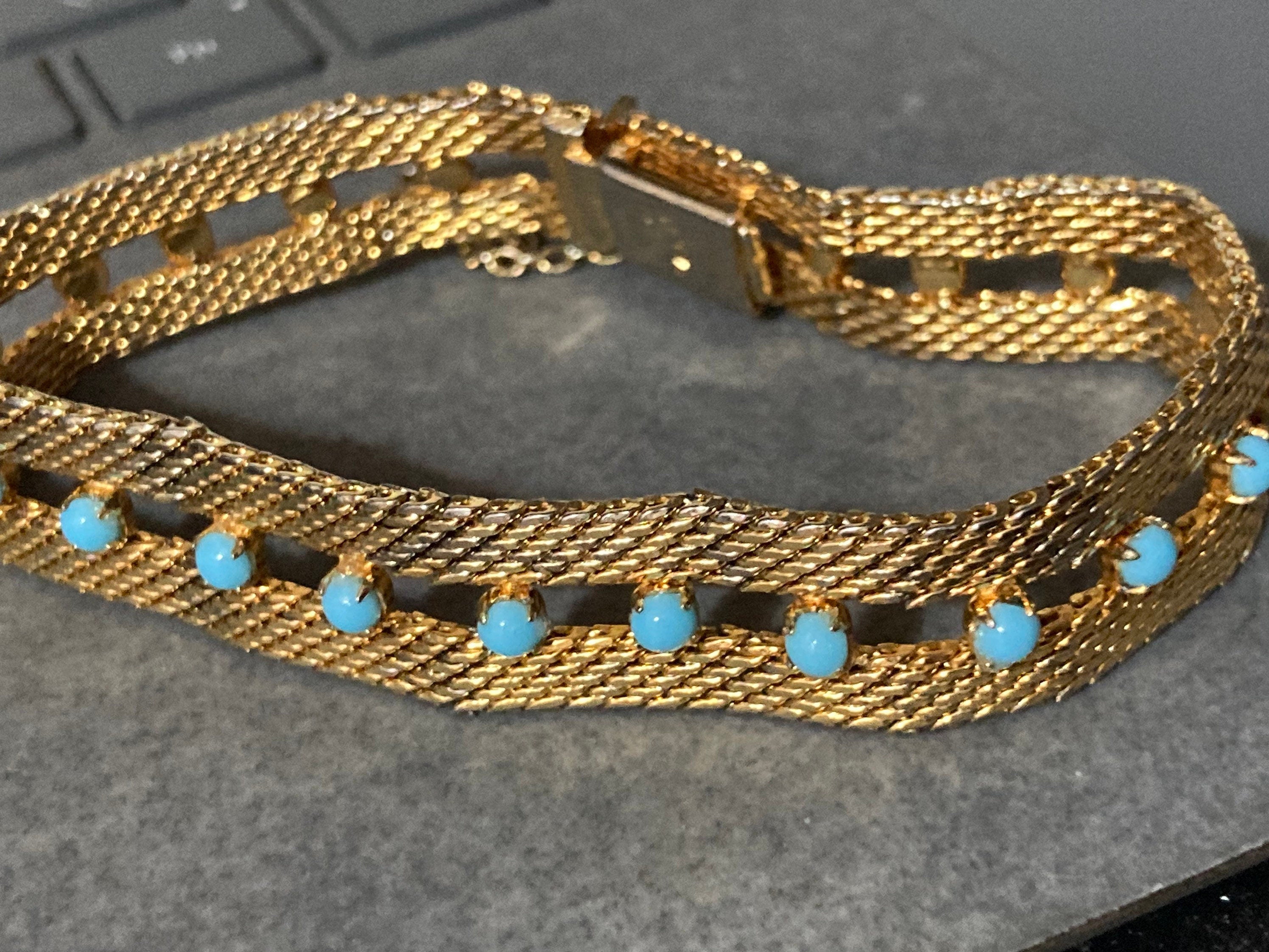 Signed RADI of Spain flat link textured gold tone mesh cuff bracelet turquoise