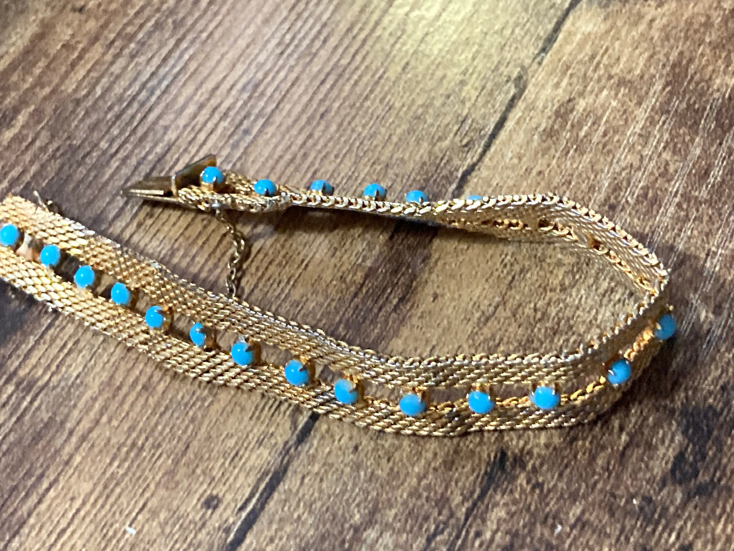 Signed RADI of Spain flat link textured gold tone mesh cuff bracelet turquoise