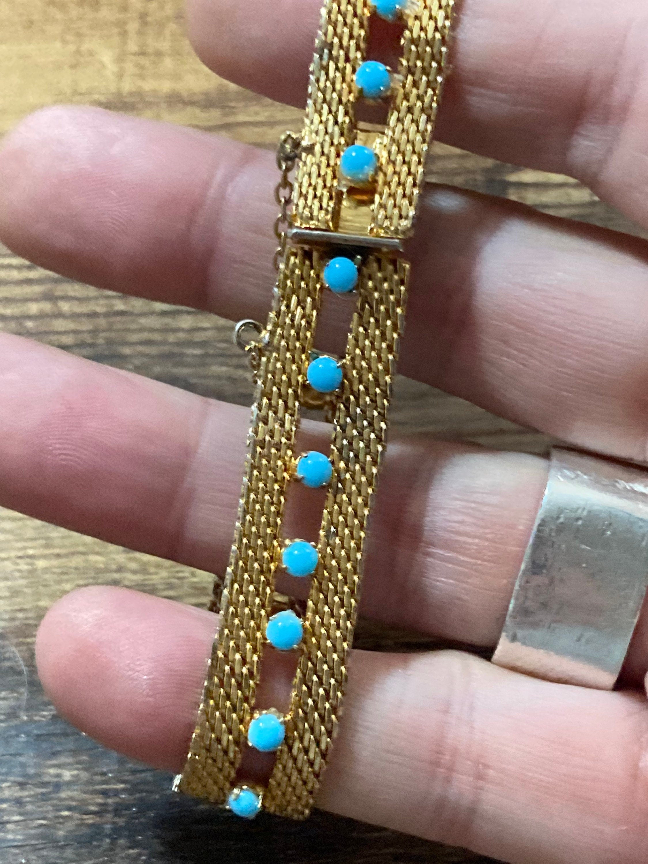 Signed RADI of Spain flat link textured gold tone mesh cuff bracelet turquoise