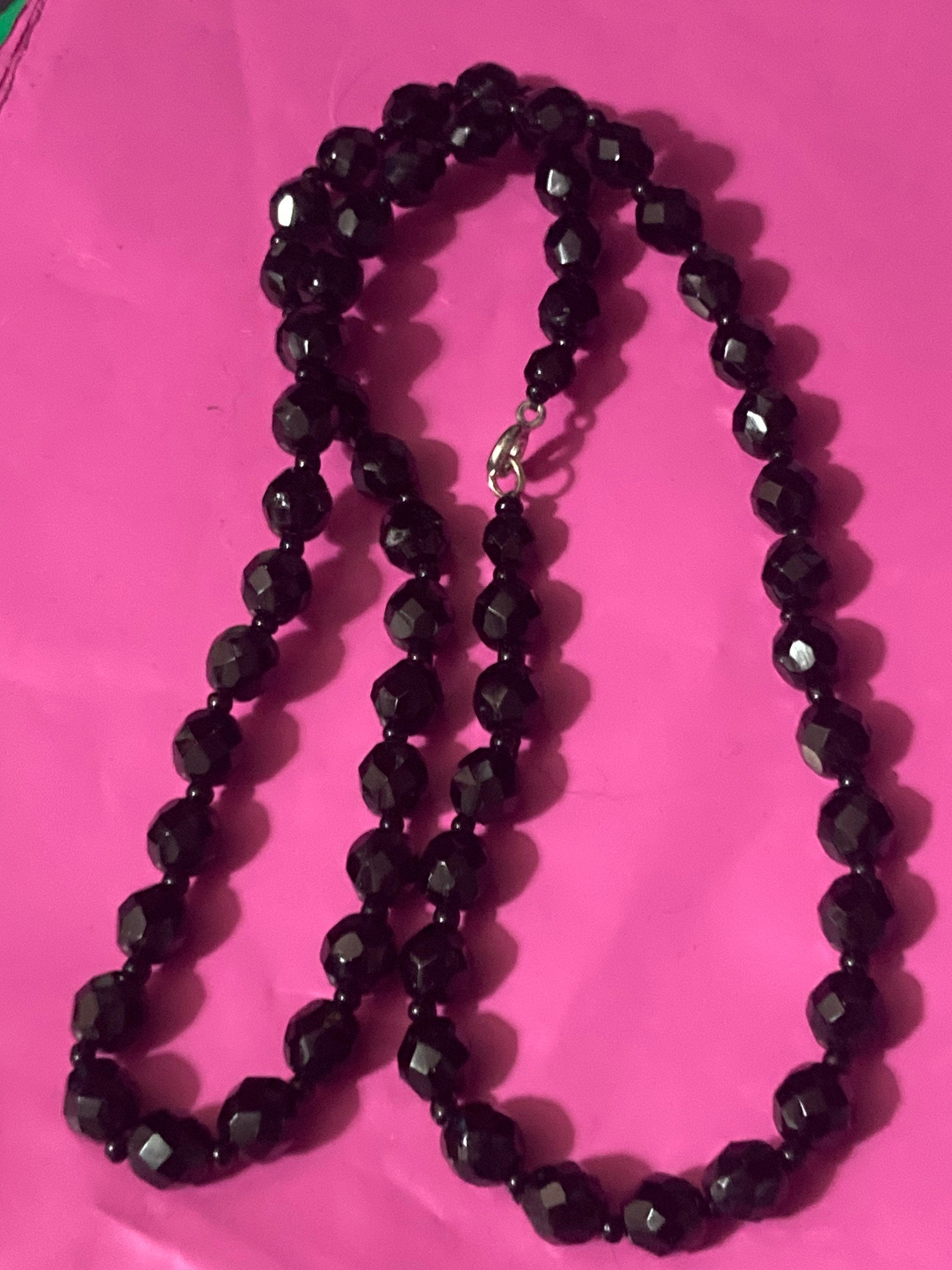 Vintage Black Crystal long beaded necklace 62cm mid century