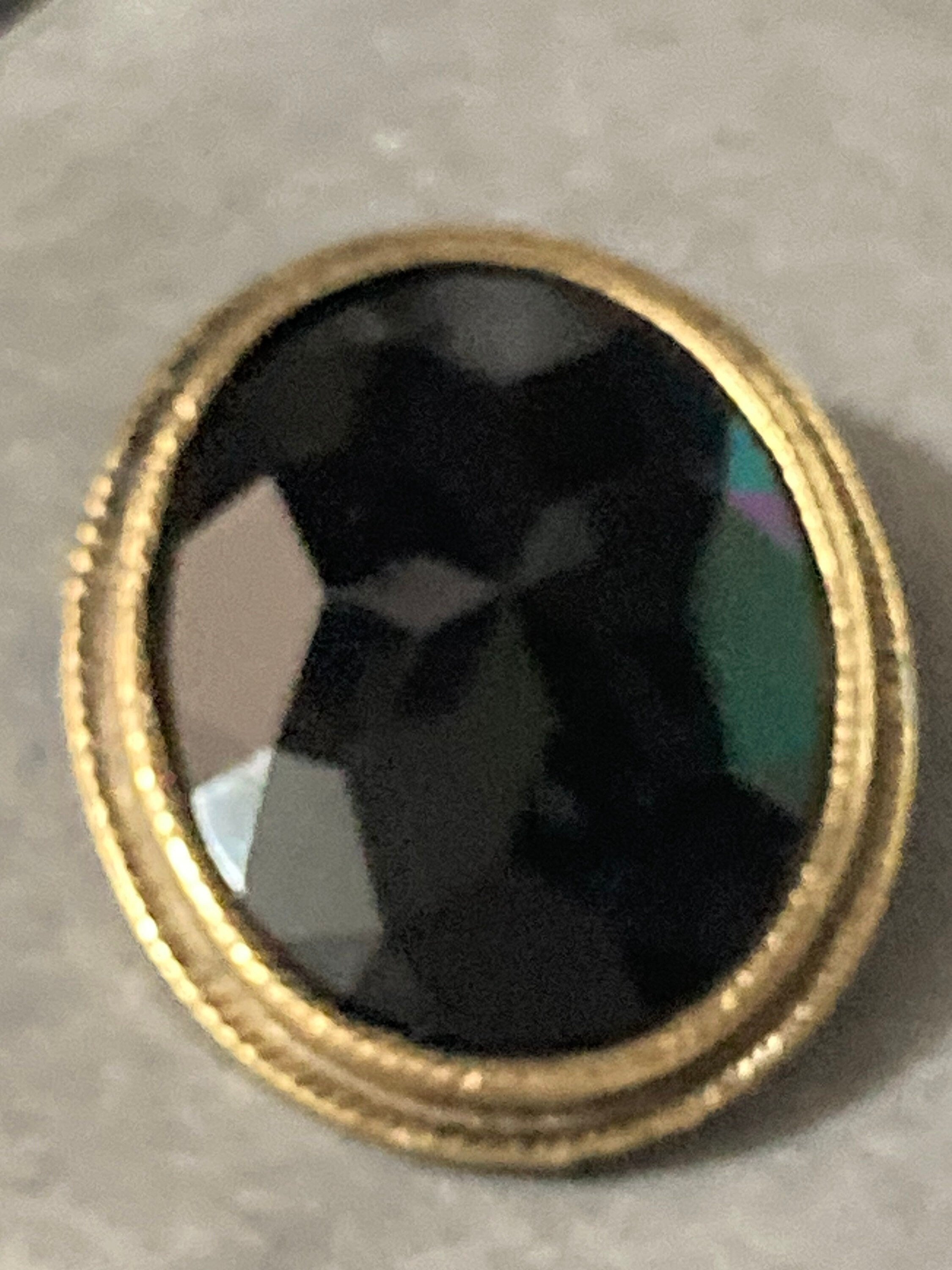 Signed KIDA Vintage black glass diamanté Oval Brooch gold tone