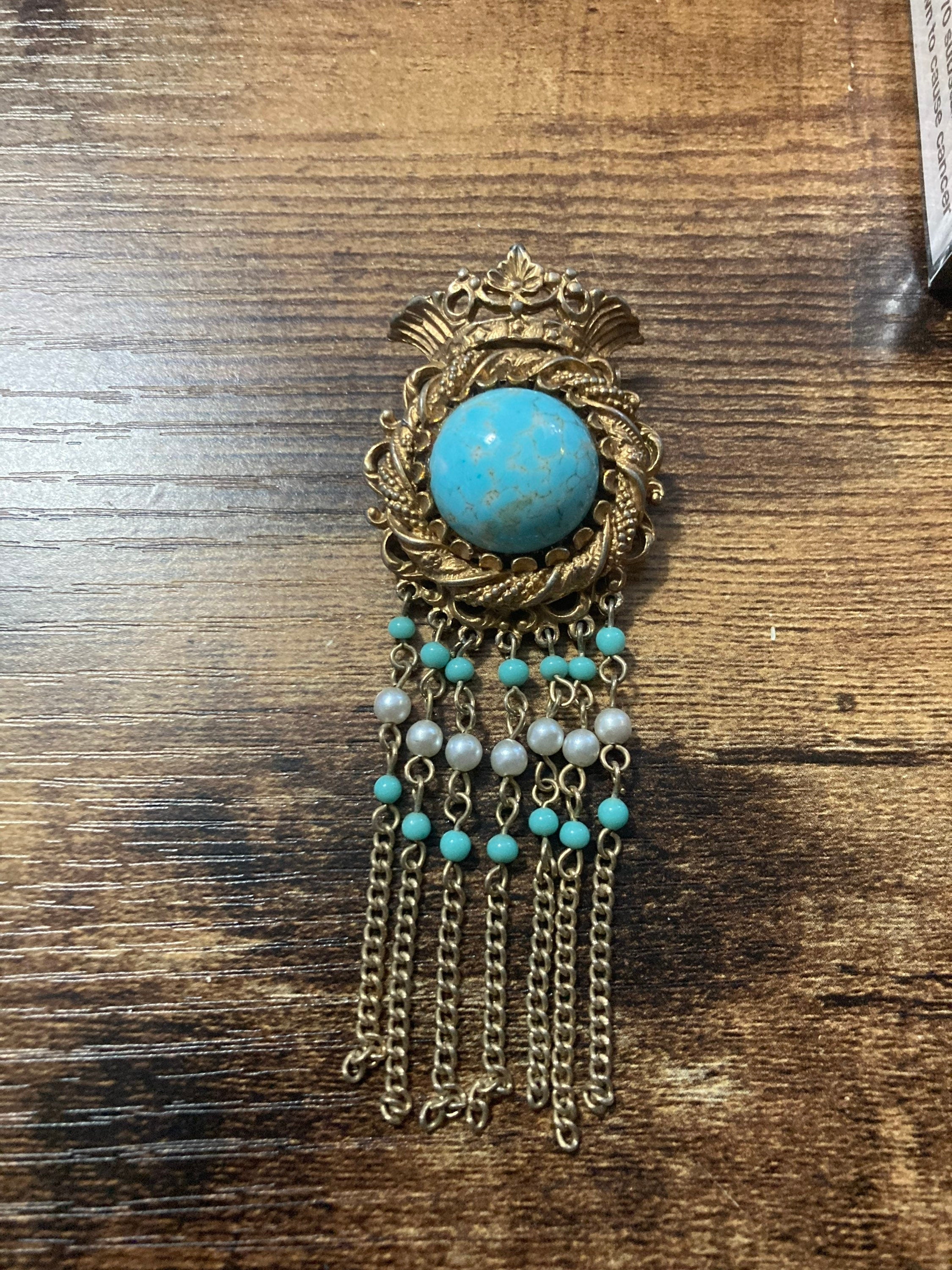 vintage modernist gold tone mesh turquoise diamanté waterfall chain drop brooch