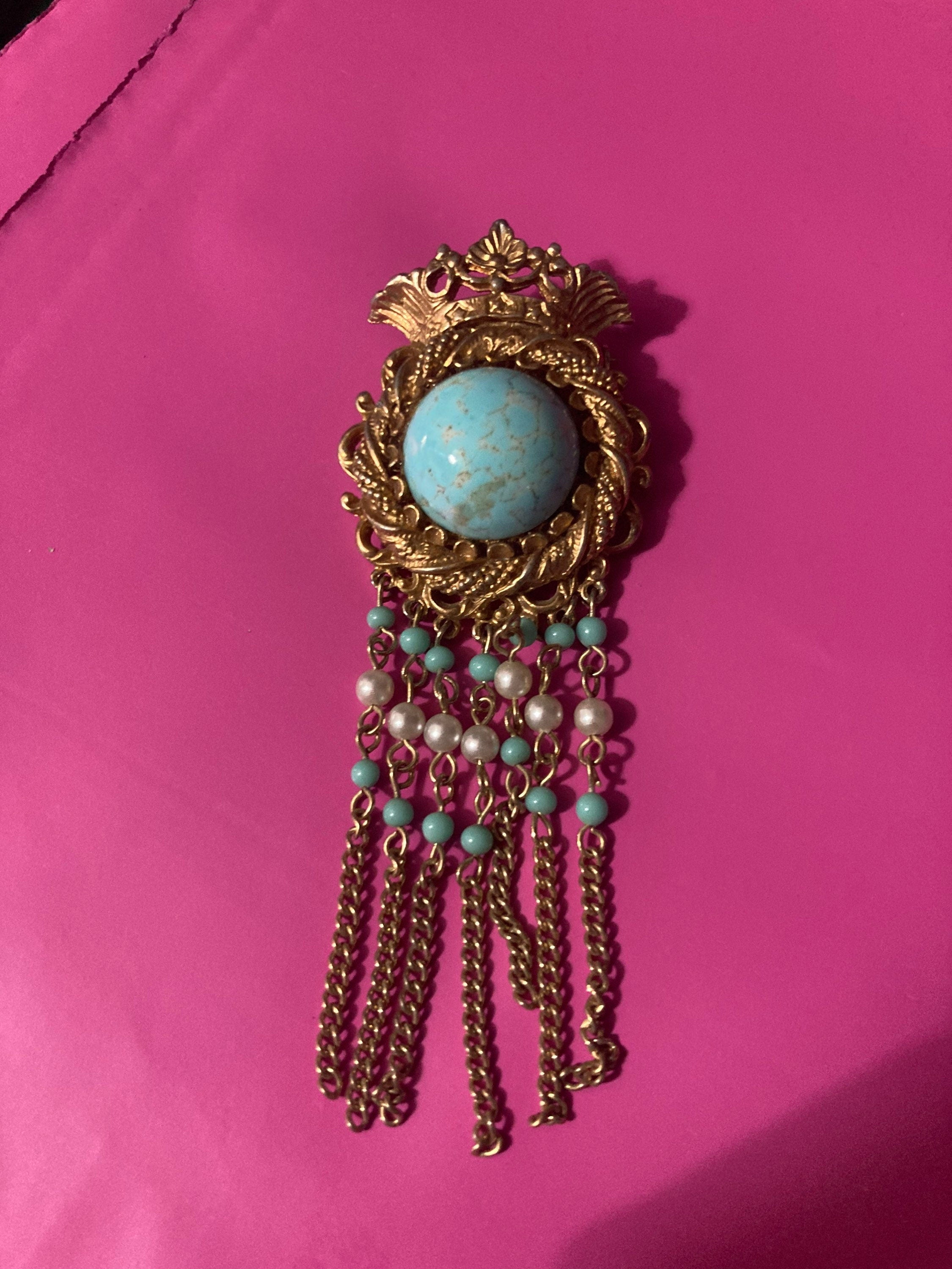 vintage modernist gold tone mesh turquoise diamanté waterfall chain drop brooch