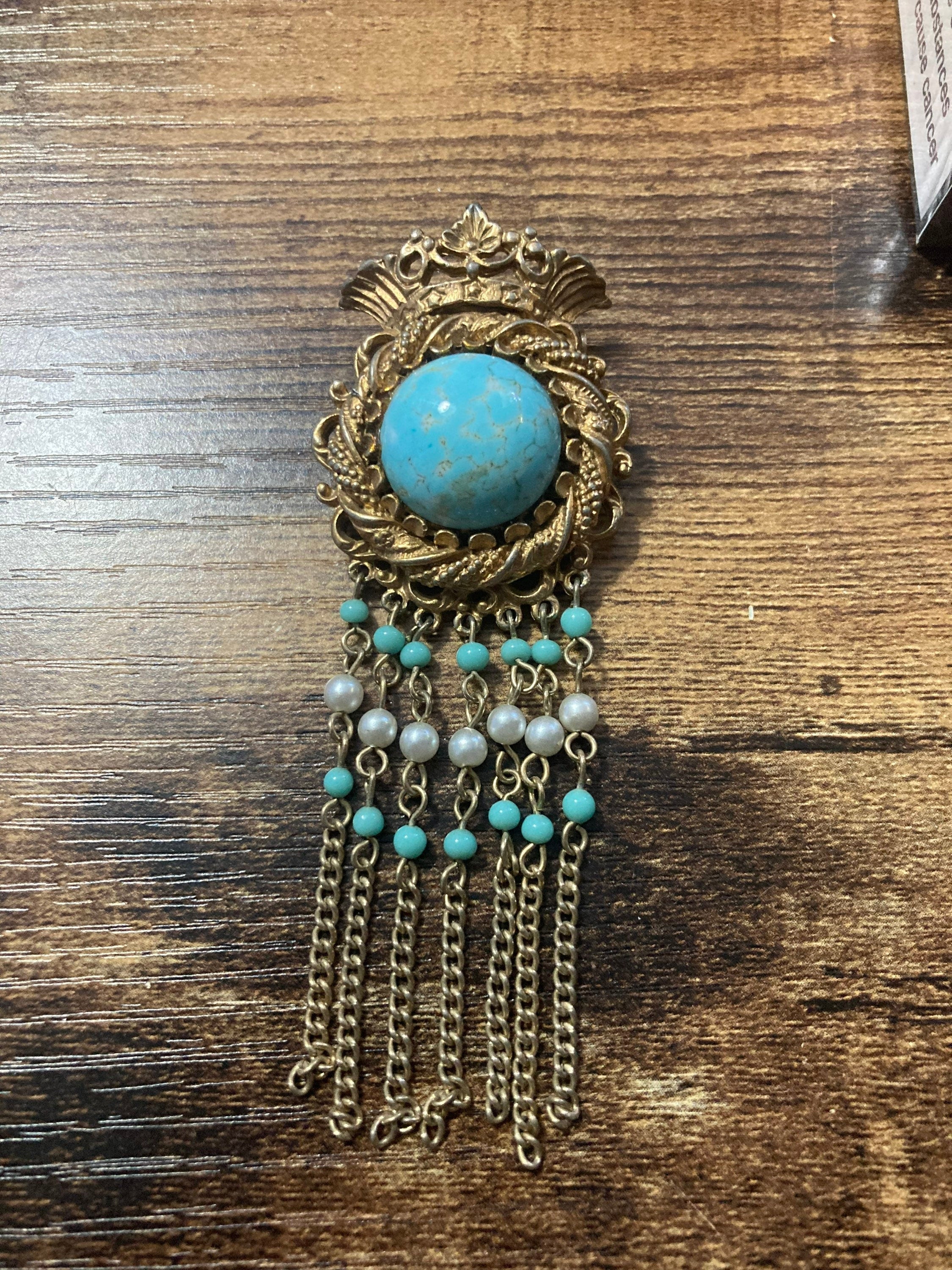 vintage modernist gold tone mesh turquoise diamanté waterfall chain drop brooch