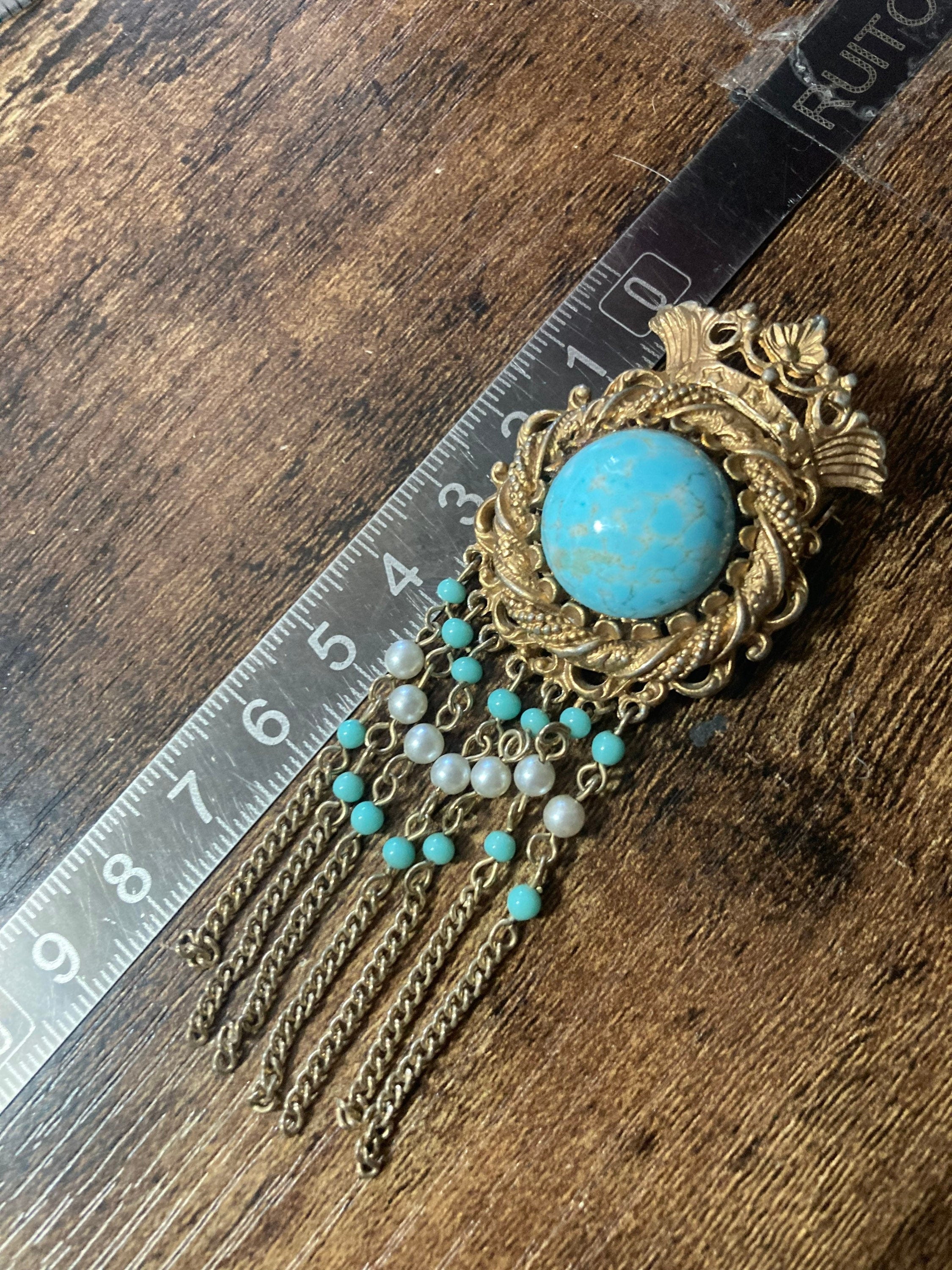 vintage modernist gold tone mesh turquoise diamanté waterfall chain drop brooch