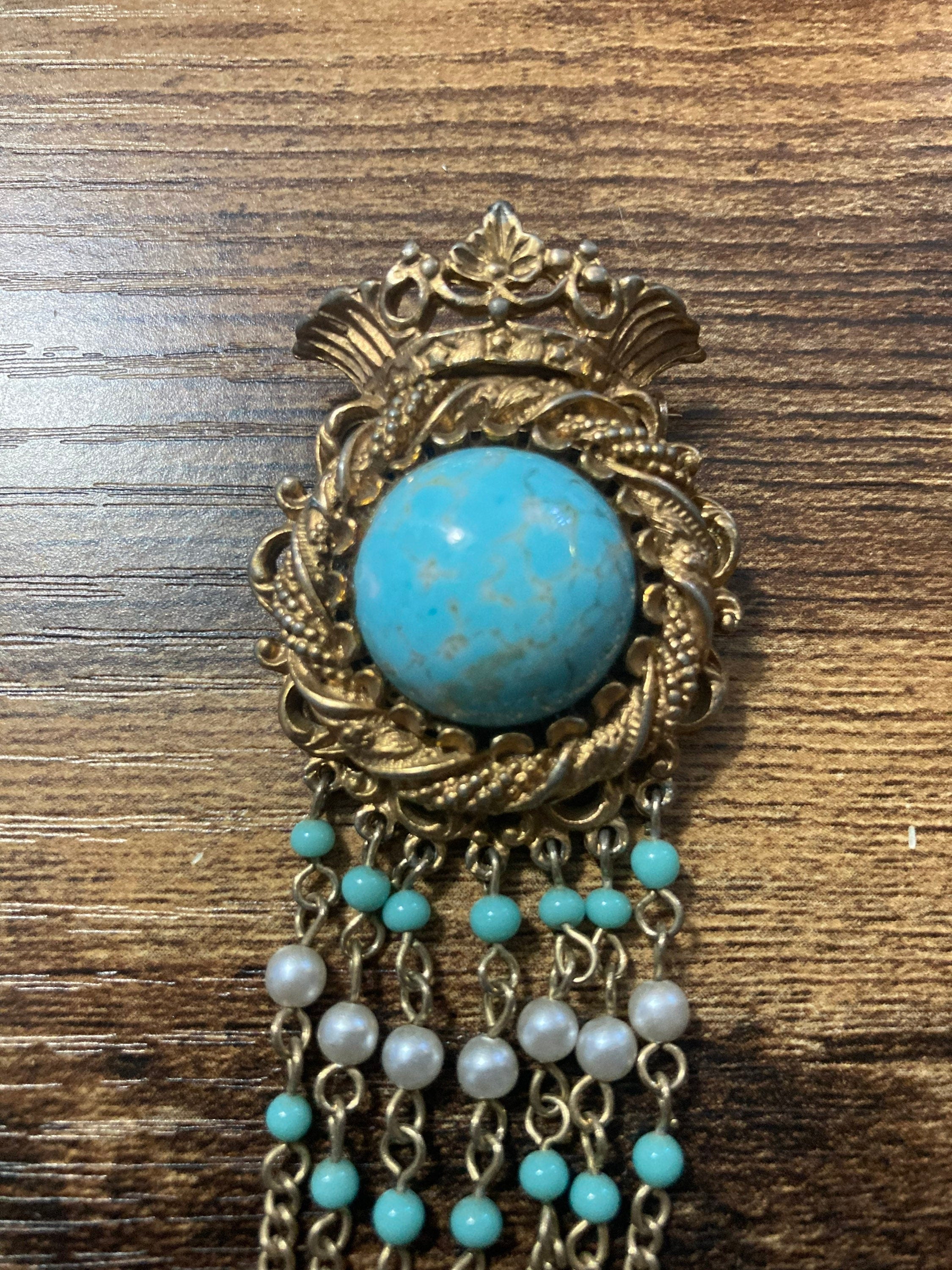 vintage modernist gold tone mesh turquoise diamanté waterfall chain drop brooch