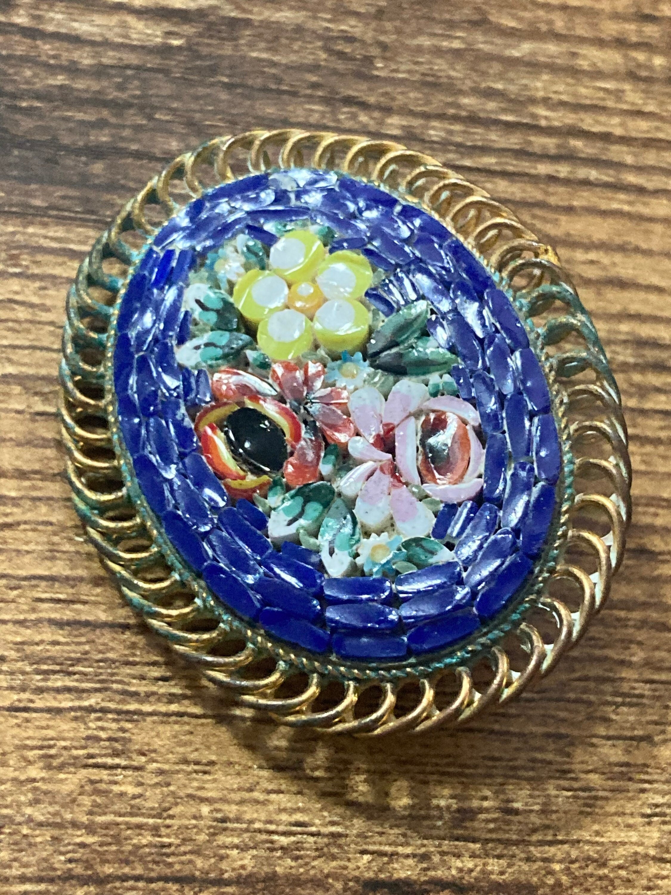 Vintage Italian micro mosaic floral Oval brooch blue and red