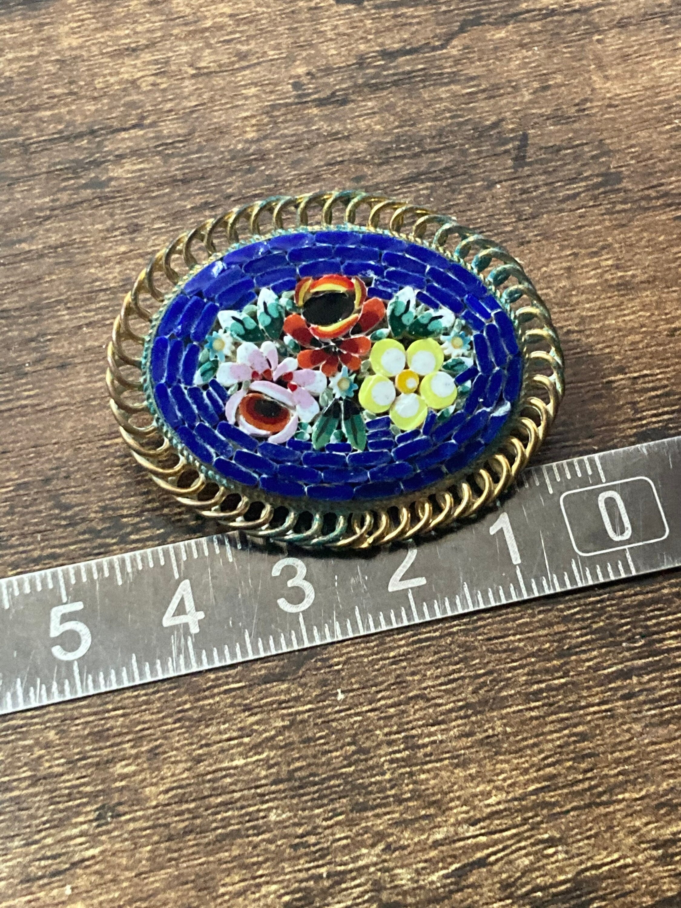 Vintage Italian micro mosaic floral Oval brooch blue and red